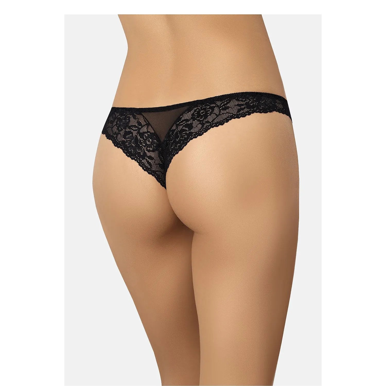 Culotte brésilienne noire en dentelle florale transparente, élégante et féminine, avec bordures élastiques fines.