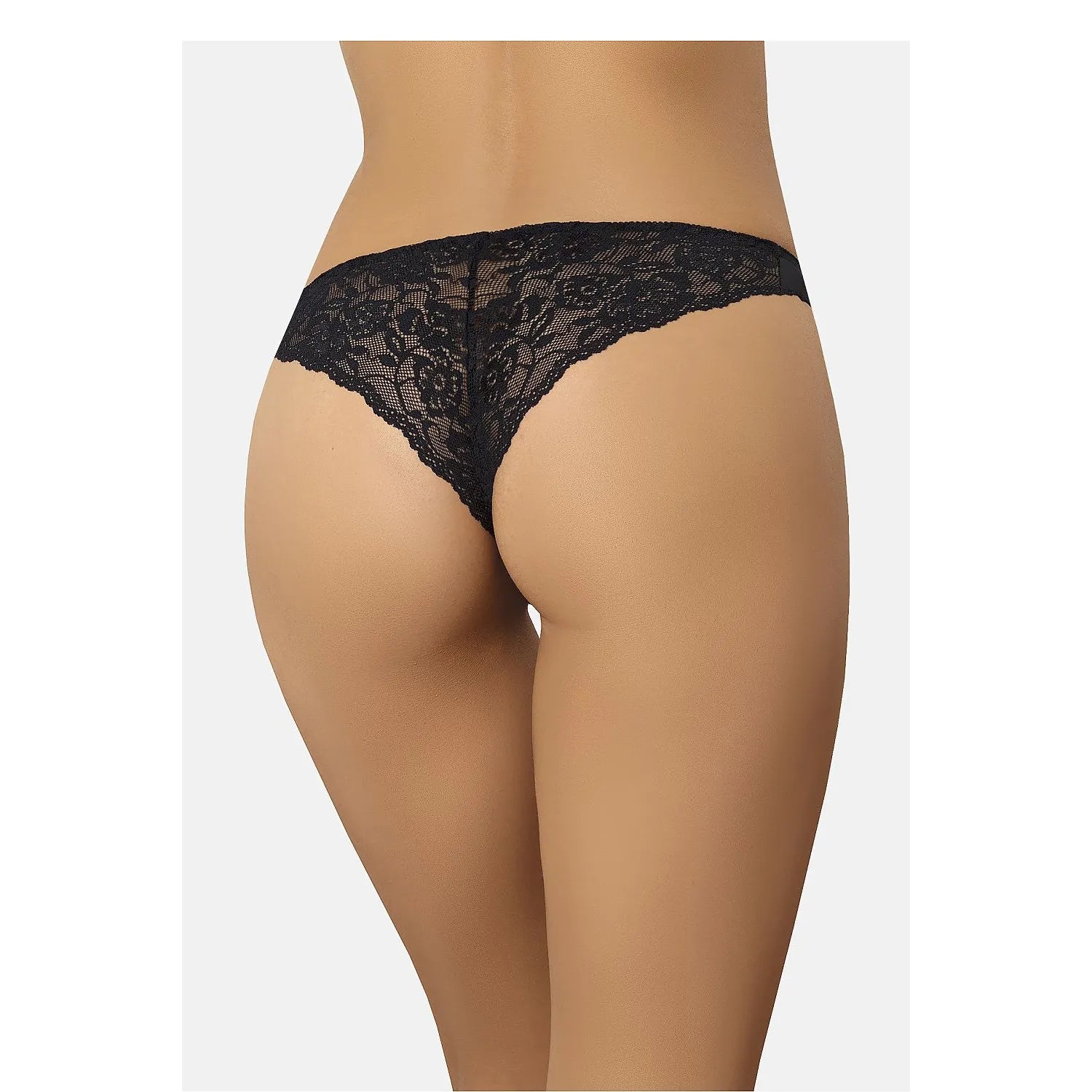 Culotte brésilienne noire en dentelle avec motif rose, échancrée, tulle transparent à l'avant, élégante et sexy.