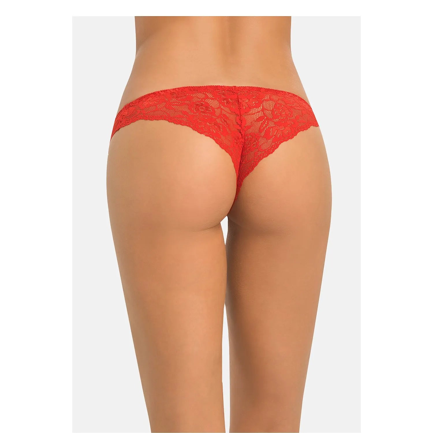 Culottes brésiliennes rouges en dentelle florale, dos en dentelle, avant en maille fine, ajustement élégant et séduisant.