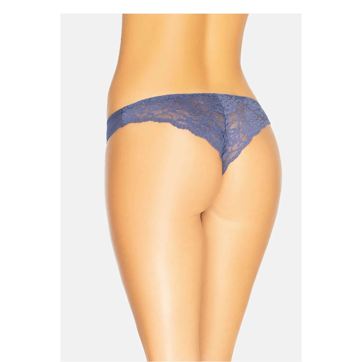 Culottes brésiliennes en dentelle bleue, motifs floraux, maille transparente à l'avant, finition élastique délicate.