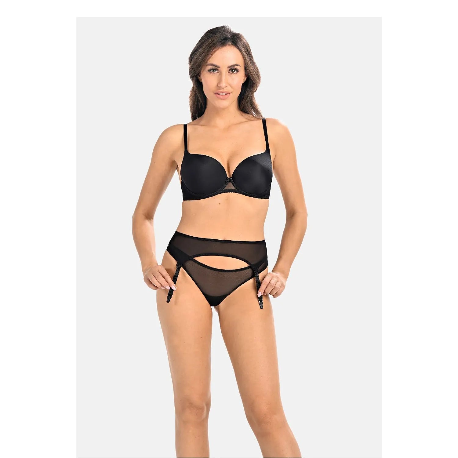Ceinture porte-jarretelles noire Teyli 228839 en résille transparente, crochets réglables, élégance et confort assurés.