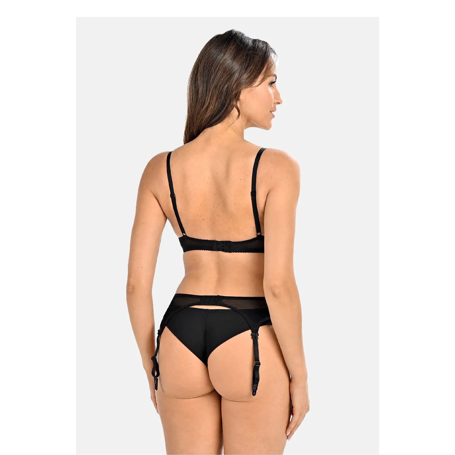 Ceinture porte-jarretelles noire résille transparente ajustable, élégance féminine, vue de dos, sophistication.