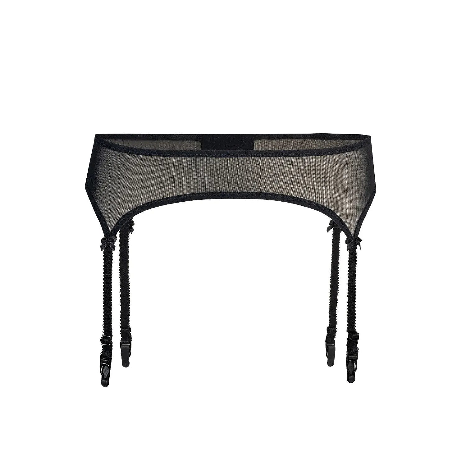 Ceinture porte-jarretelles noire en résille transparente, ajustable, élégante, féminine, avec attaches fonctionnelles.