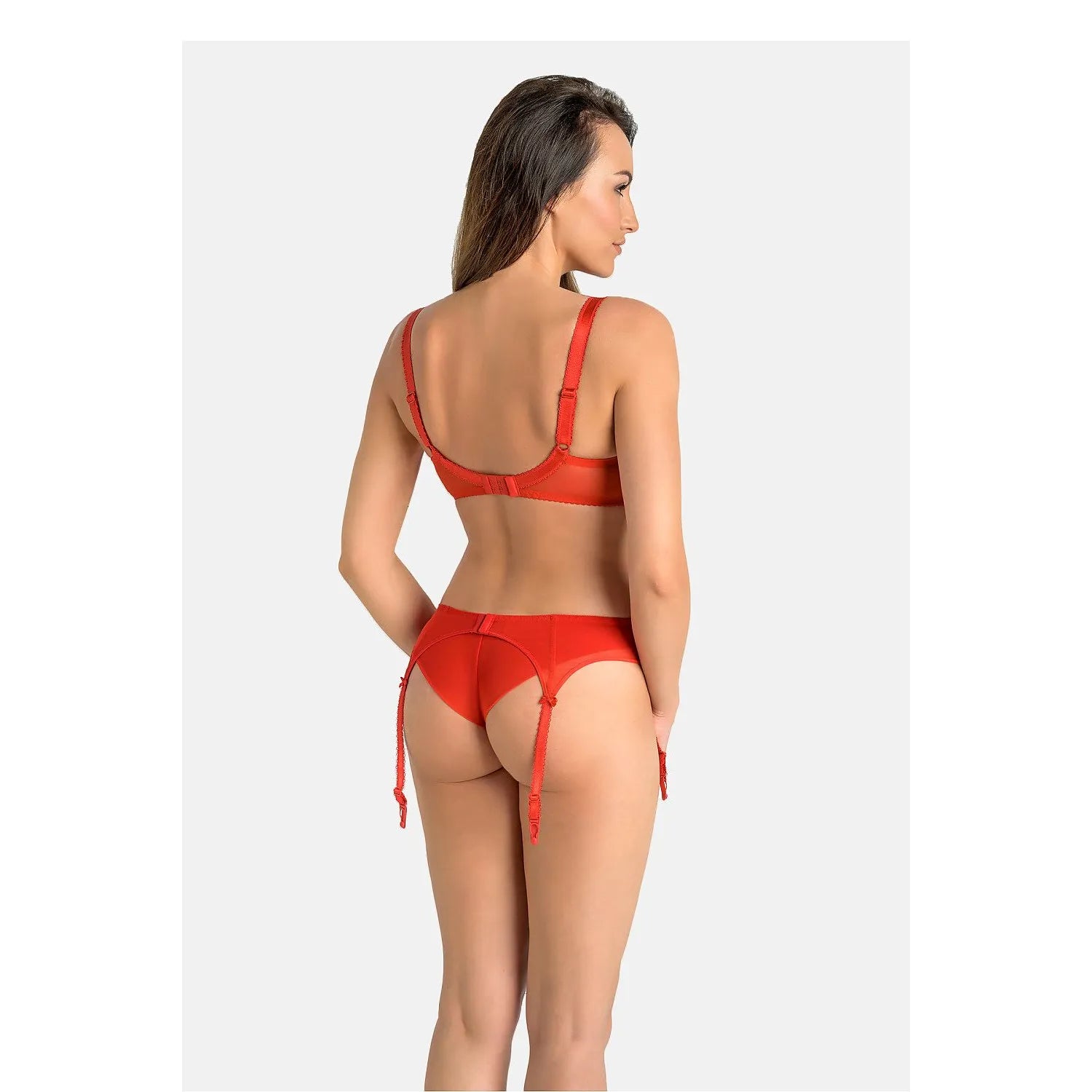 Porte-jarretelles rouge vif en tulle transparent, avec cocardes satinées, modèle 228843 Teyli, élégant et délicat.