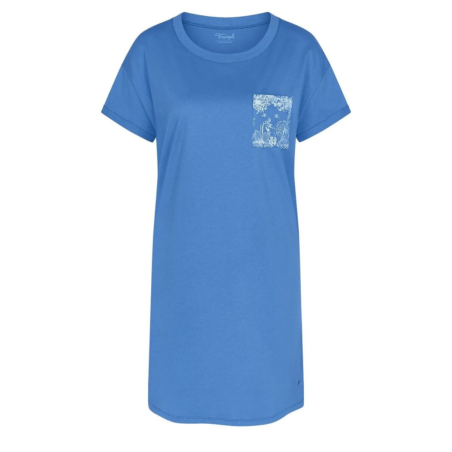 Chemise de nuit bleue Triumph à manches courtes, tissu côtelé doux, poche poitrine imprimée, coupe ample et épaules tomban...
