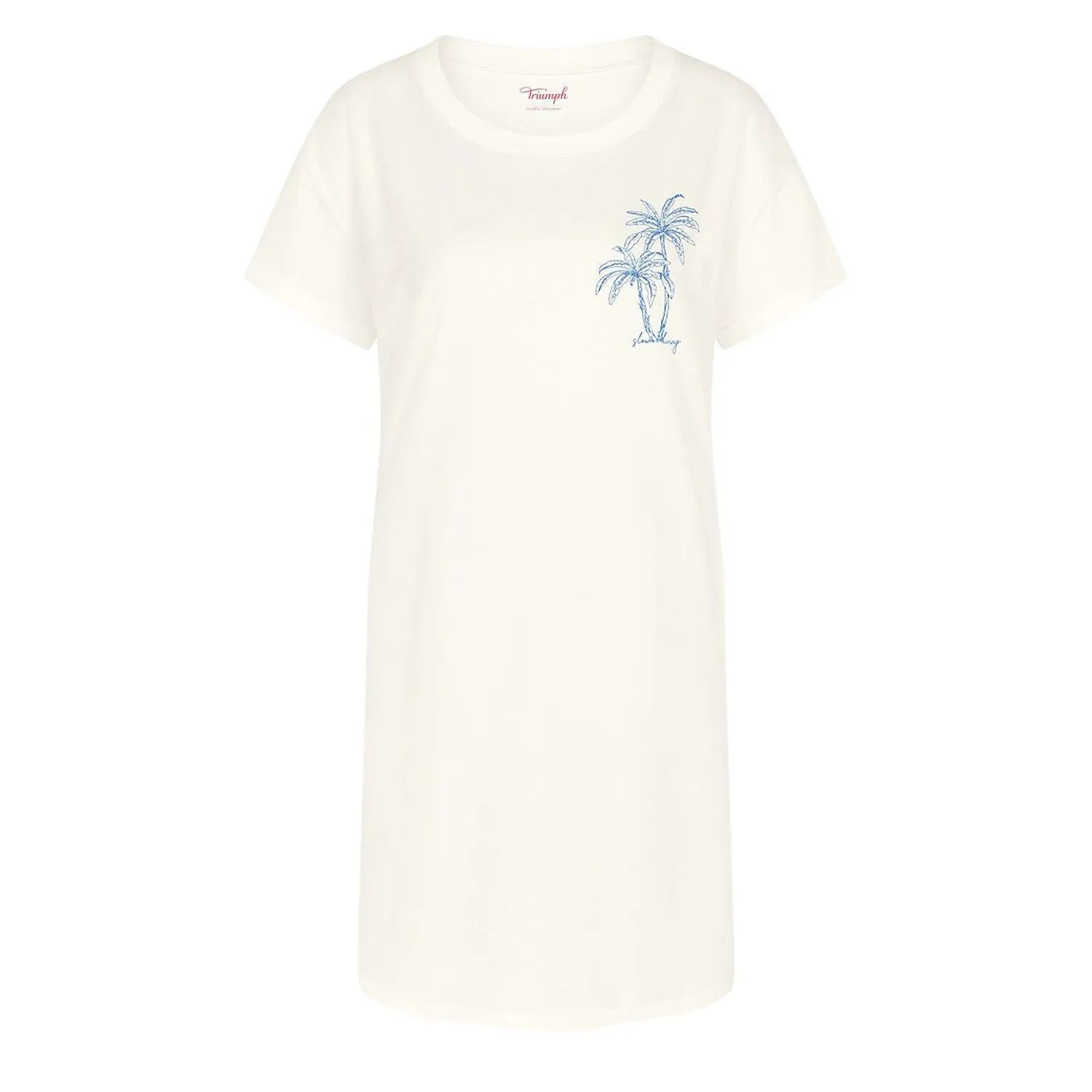 Chemise de nuit blanche Triumph, manches courtes, coupe ample, motif palmier bleu, tissu doux et respirant.
