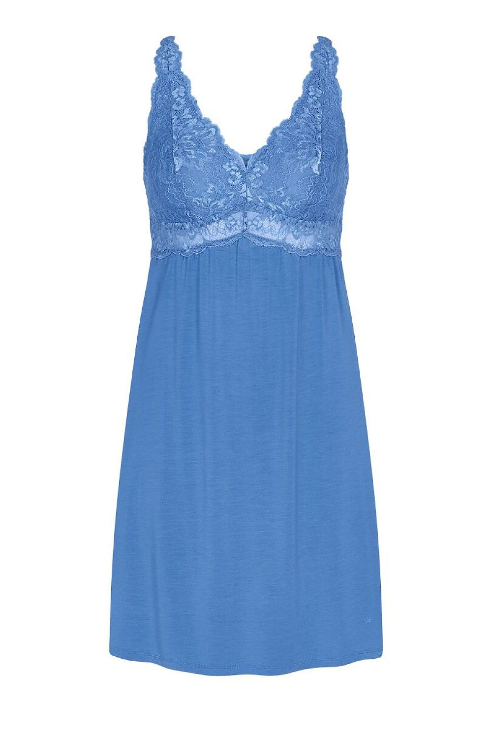 Chemise de nuit bleue en dentelle Triumph, décolleté élégant, tissu doux, détails raffinés, confort nocturne.