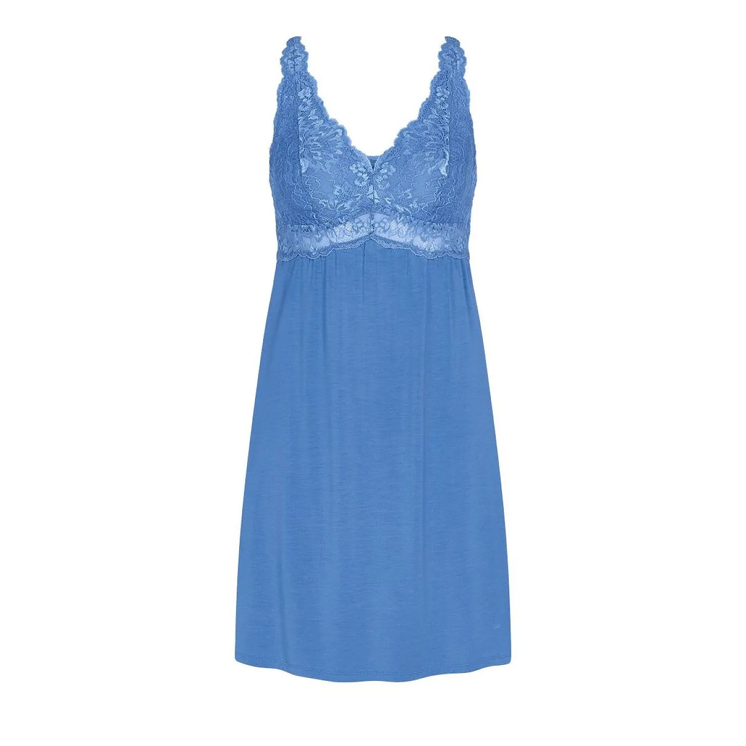 Chemise de nuit bleue en dentelle Triumph, décolleté élégant, tissu doux, détails raffinés, confort nocturne.