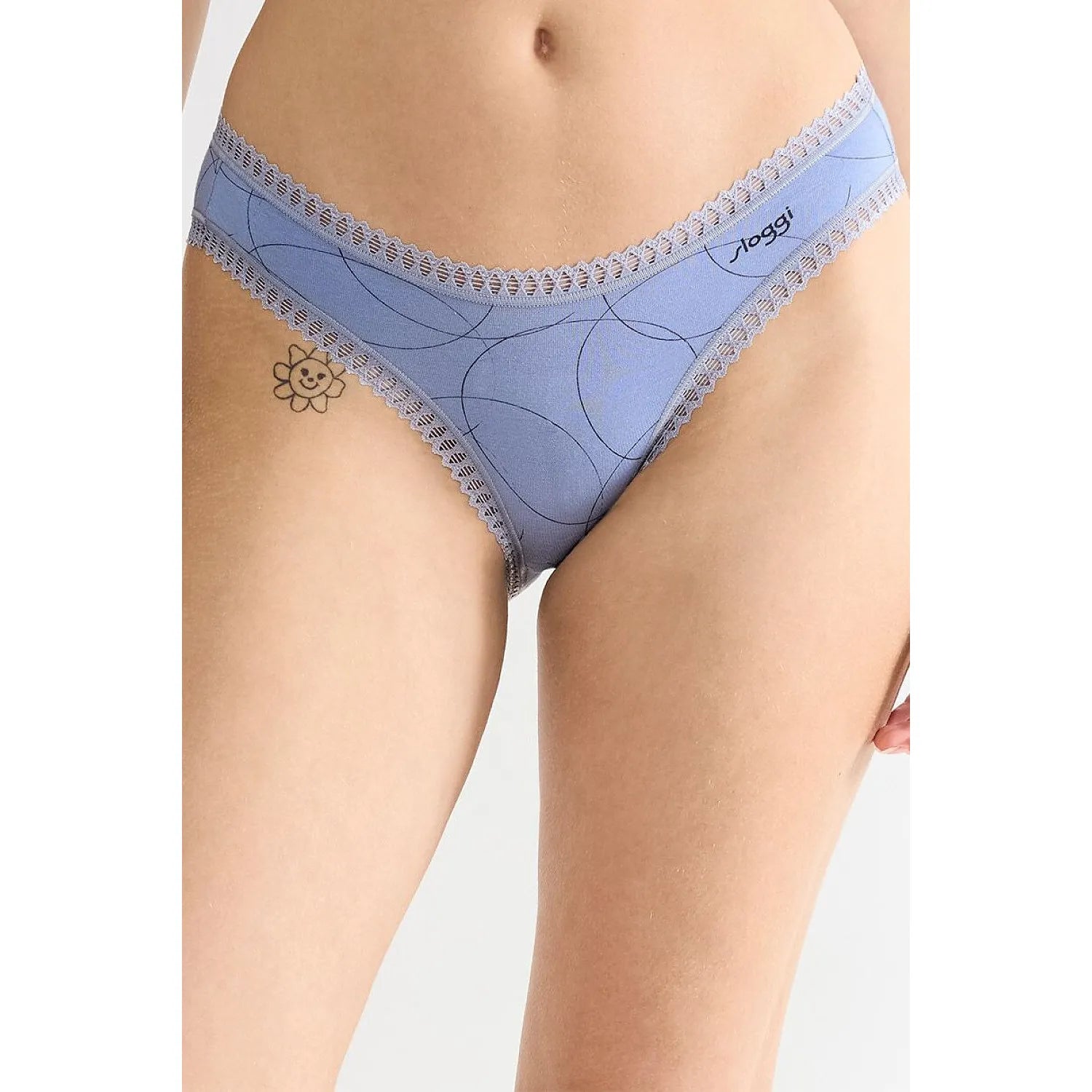 Culotte hipster dentelle bleu en coton bio GOTS, motif floral, confort moderne, pack de 3 pour femme.