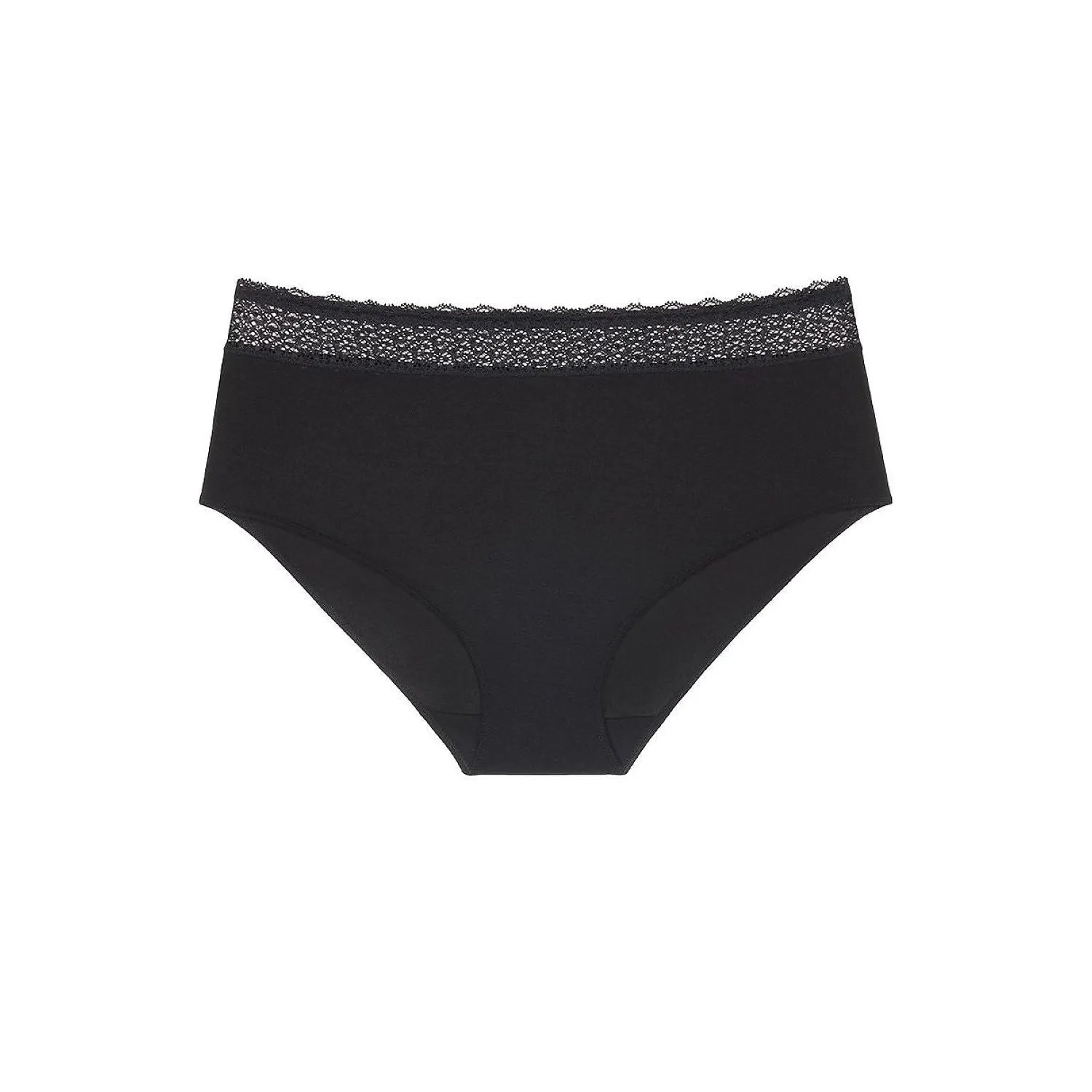 Culotte noire invisible en modal Lenzin avec dentelle recyclée, confort et hygiène féminine durable, sans couture.