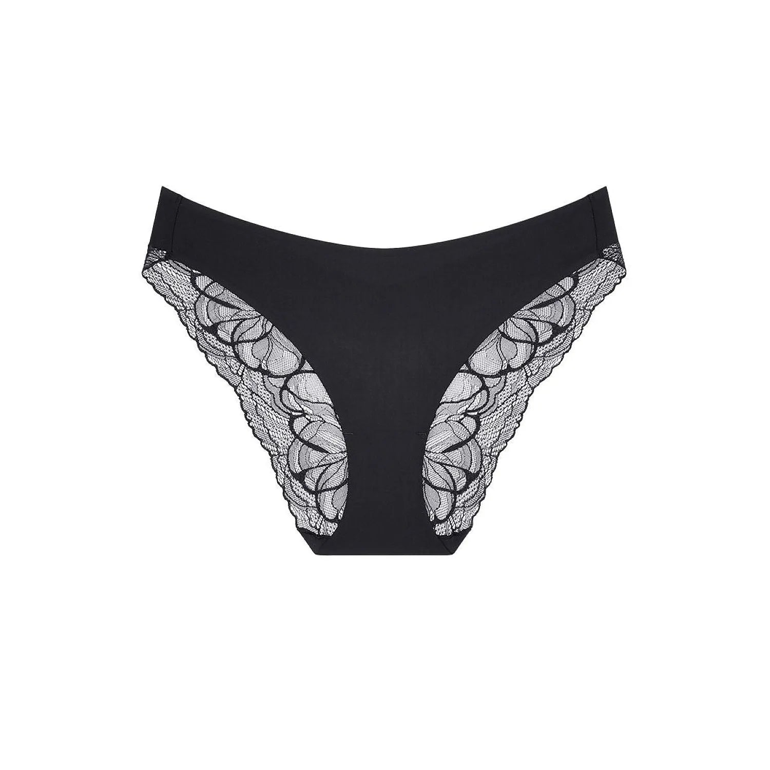 Culotte noire en dentelle Triumph, taille haute, jambes échancrées, confort invisible, élégance et raffinement.