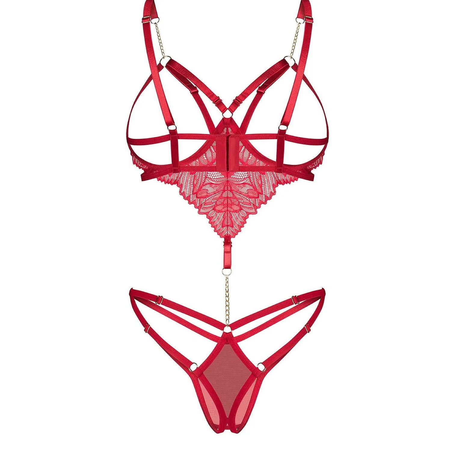 Body Matildea en dentelle et filet transparent, bonnets ouverts, chaîne bijou, soulève et expose la poitrine élégamment.