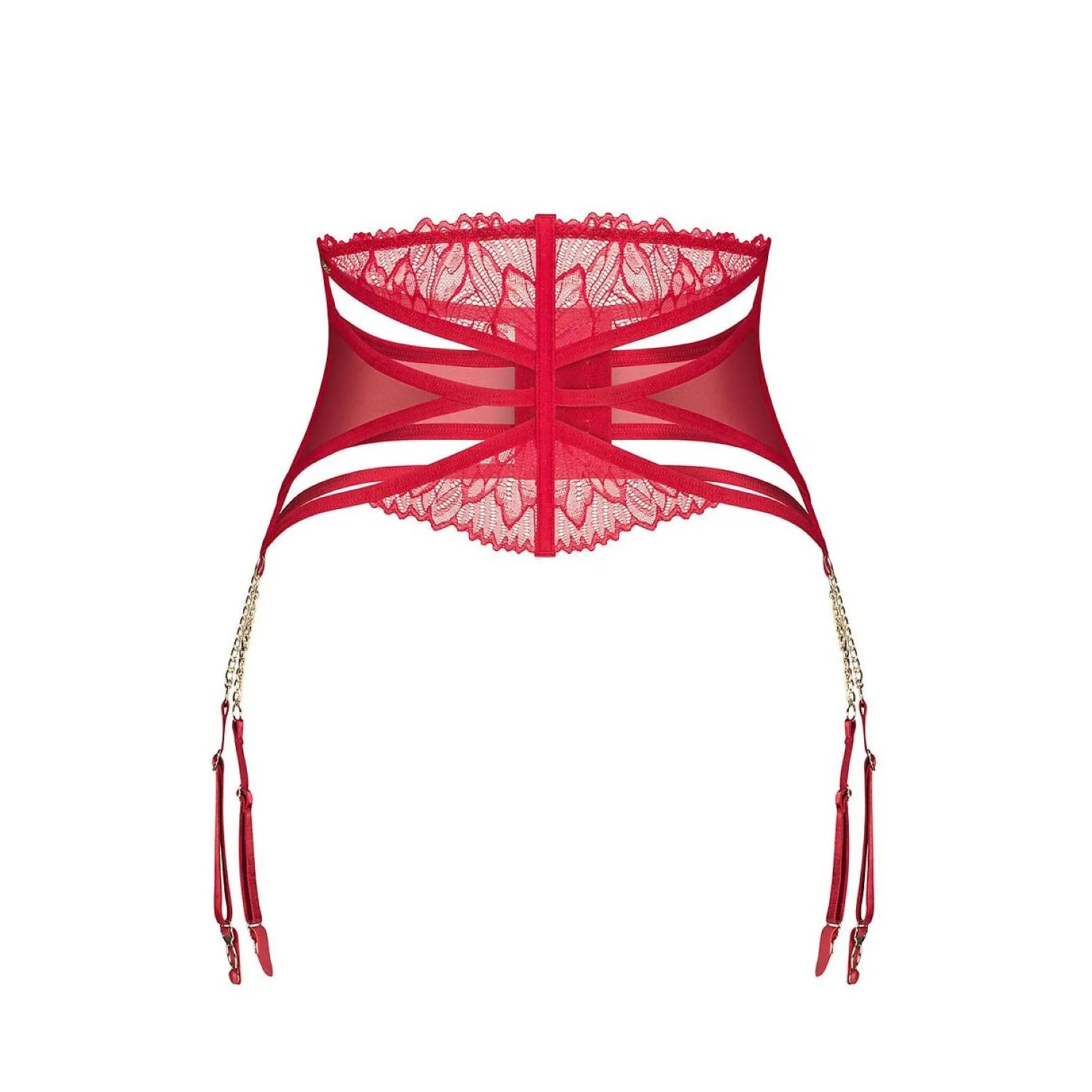 Ceinture jarretelles rouge en dentelle et mesh transparent, lanières croisées, baleines verticales, modèle Matildea.