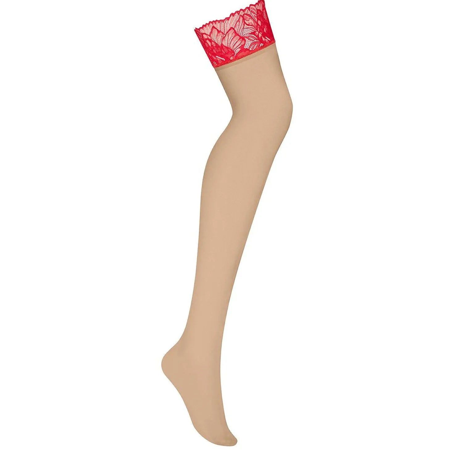 Bas Matildea peau finition rouge dentelle, élégance et sensualité, matériau transparent, confort et raffinement.