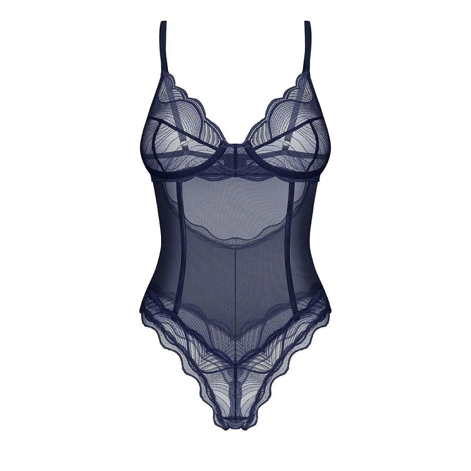 Body en dentelle bleu nuit sensuelle, soutien ajustable, souligne les courbes féminines, idéal moments spéciaux.