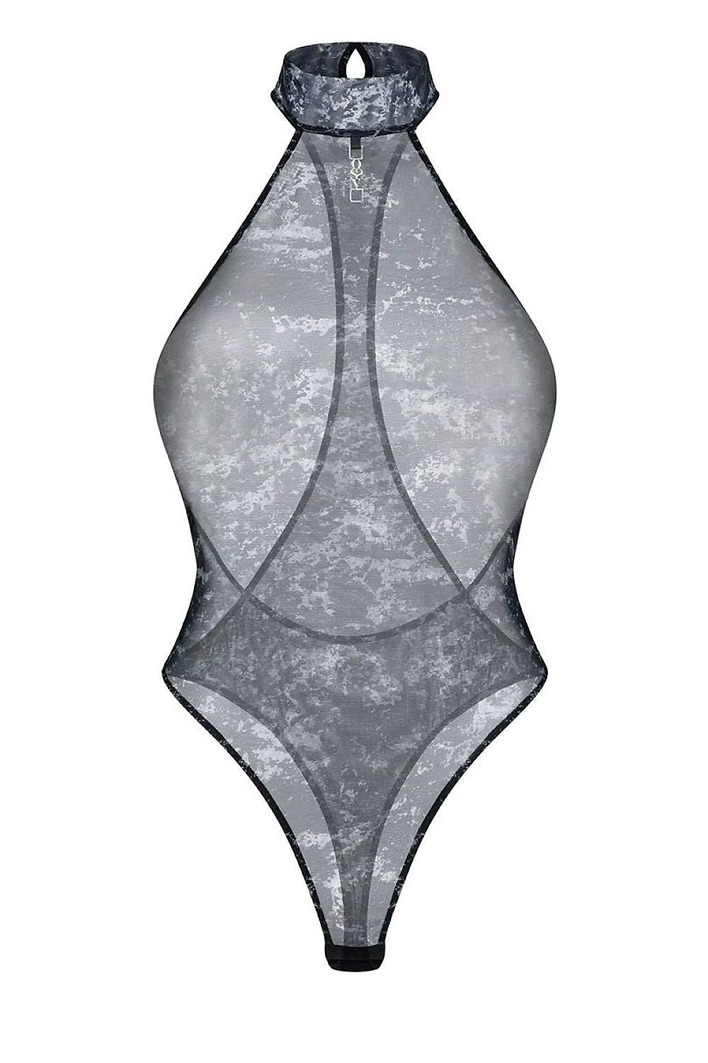 Body en mesh transparent marbré, coupe ajustée, dos découvert, col roulé court, style moderne et sensuel.
