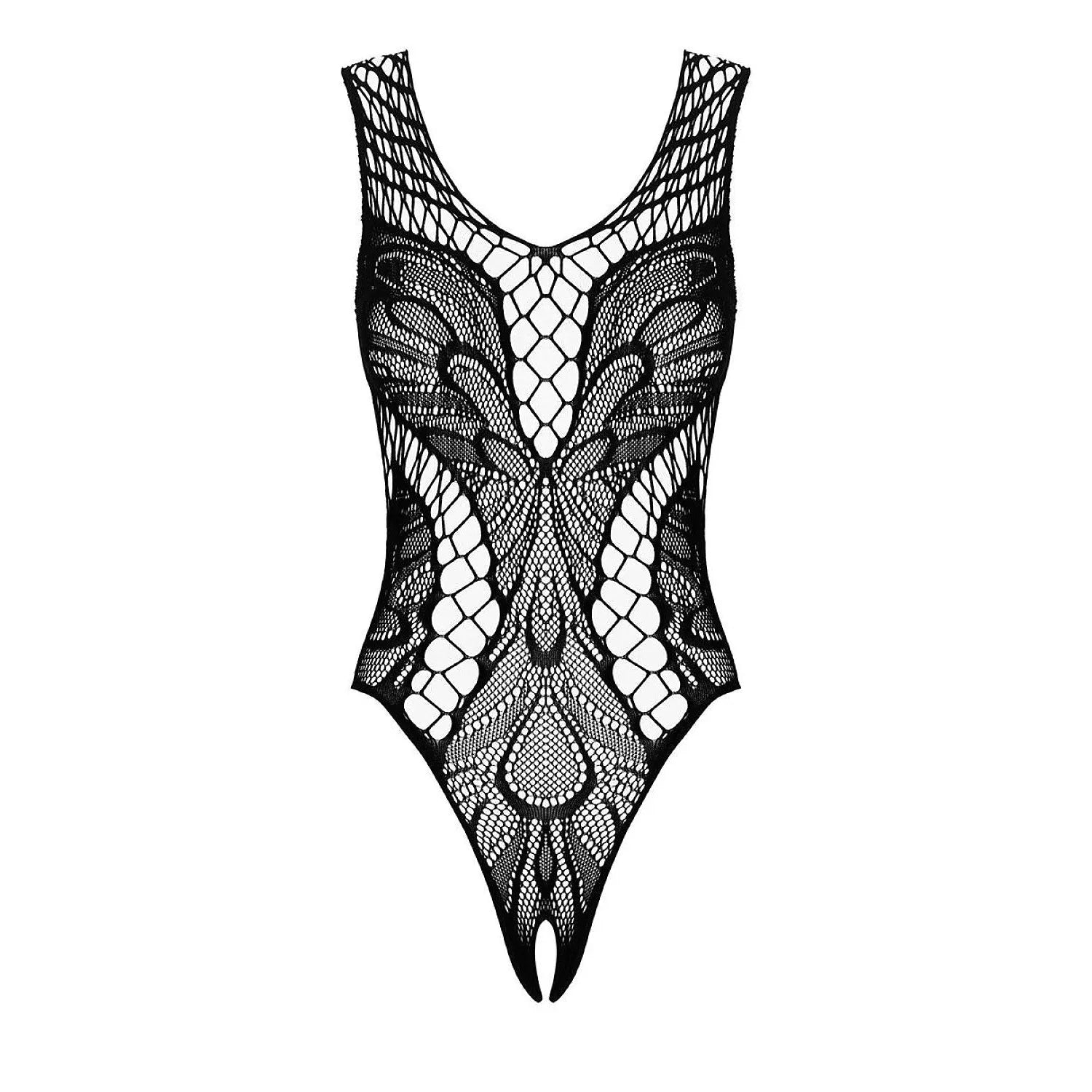 Body noir motif filet élasthanne, ouvert à l'entrejambe, ajustement parfait, élégance et séduction pour femme.