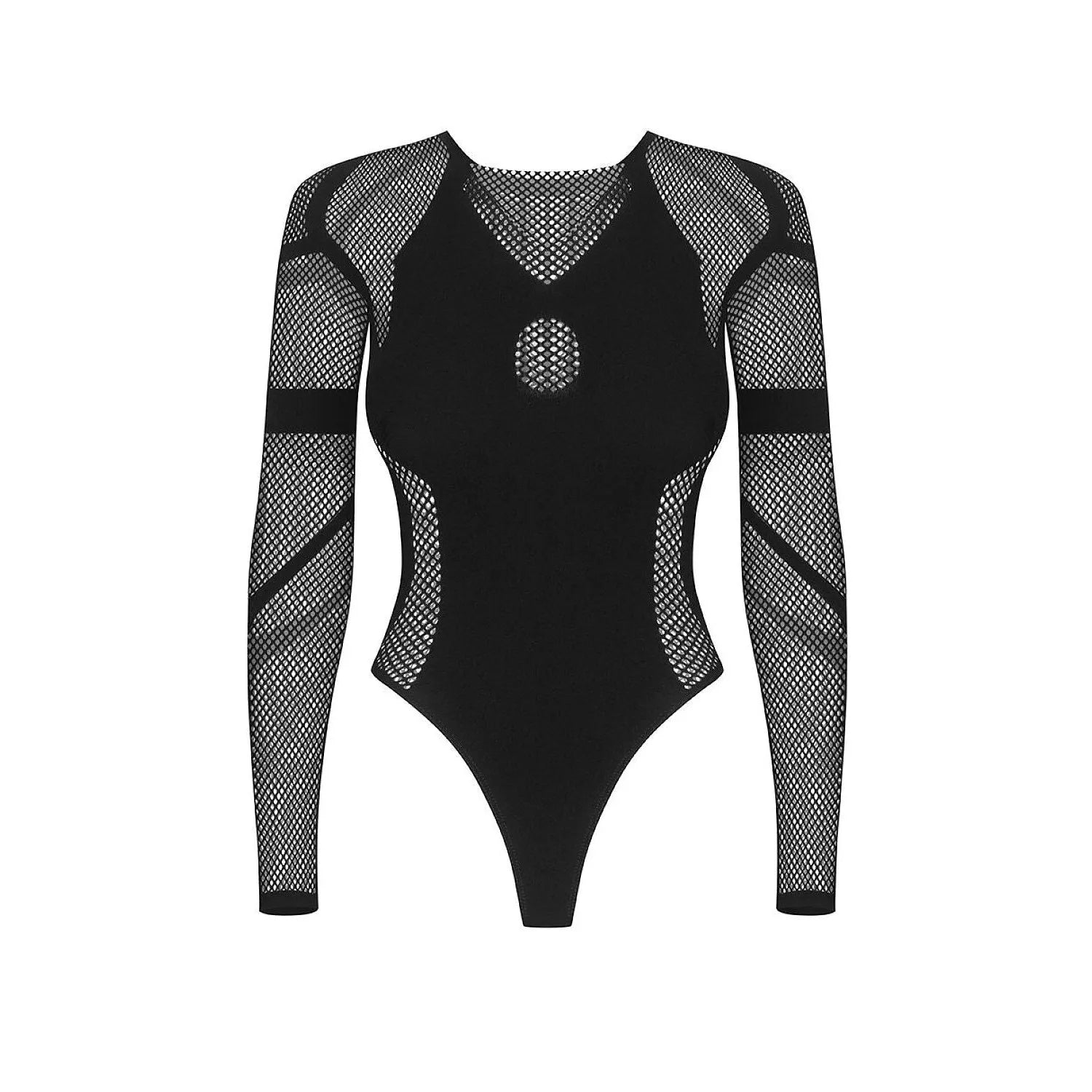 Body noir Amellya en maille géométrique, manches longues, design moderne et élégant, silhouette féminine mise en valeur.