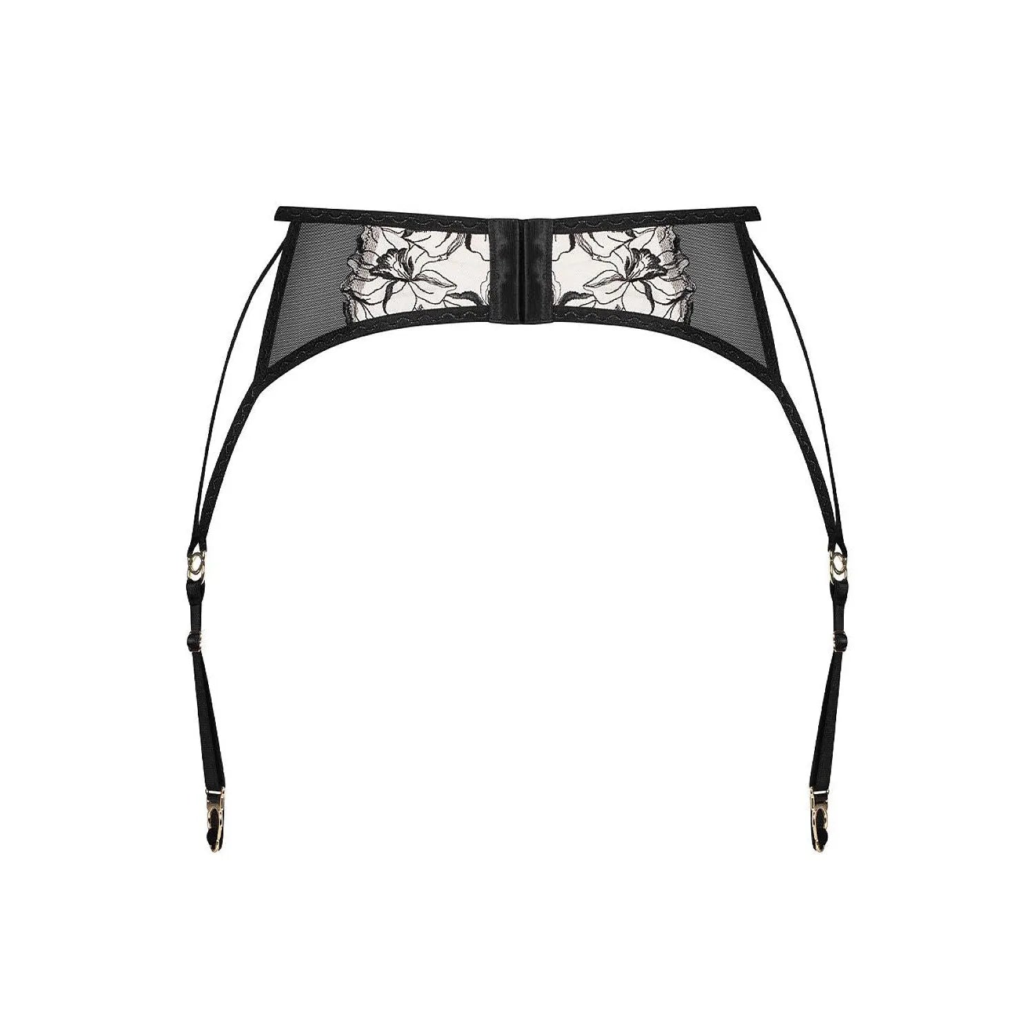 Ceinture jarretelles noire Vila Blanes, maille brodée florale, ajustable, élégante et féminine.