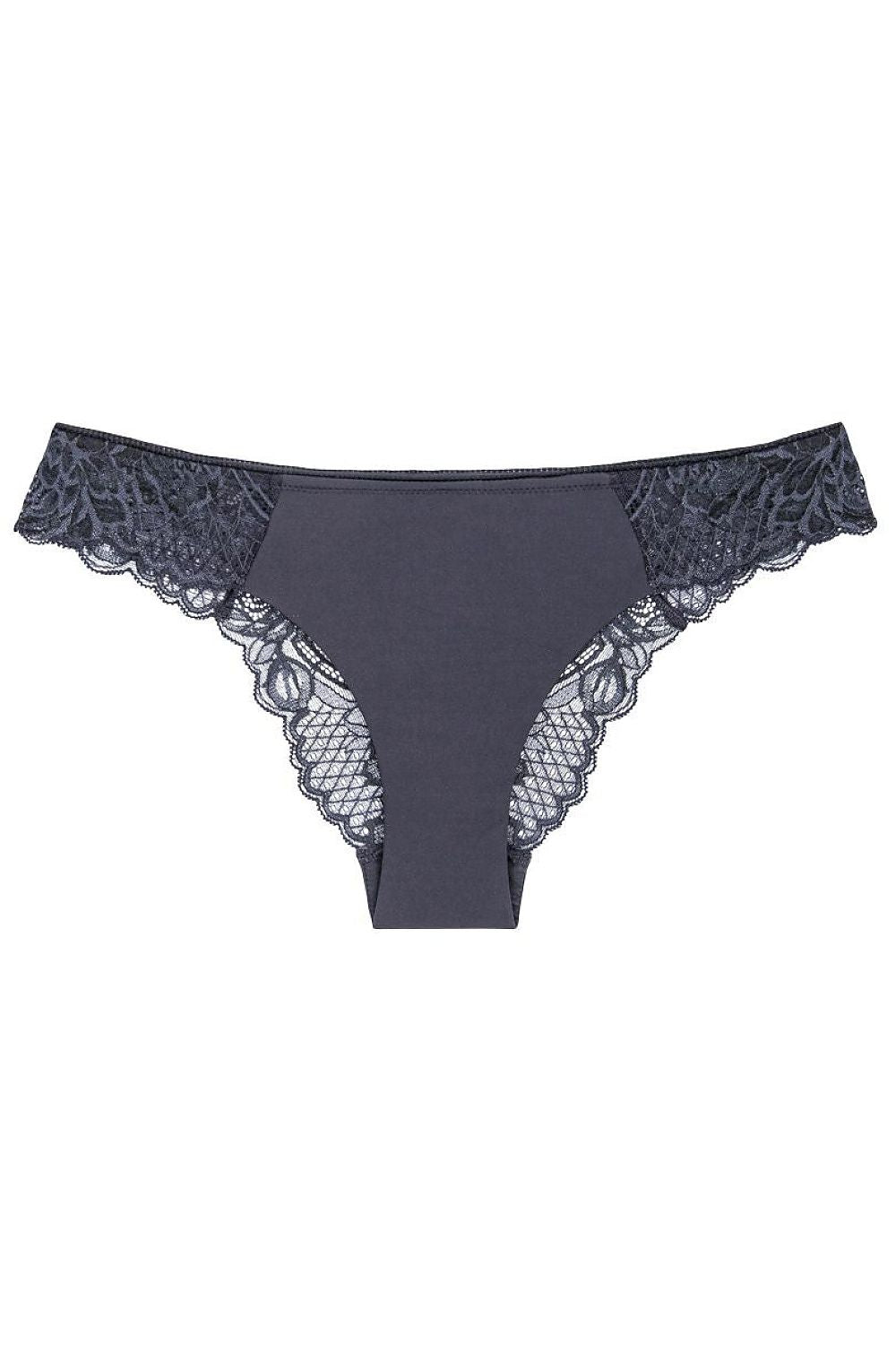 Culotte brésilienne Triumph noire, dentelle florale délicate à la taille, coupe féminine, dos en dentelle élégante.