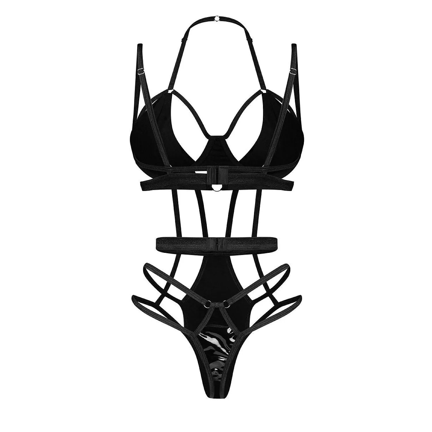 Body Keira noir effet latex, découpes sensuelles, design moderne, met en valeur les courbes féminines, style audacieux.