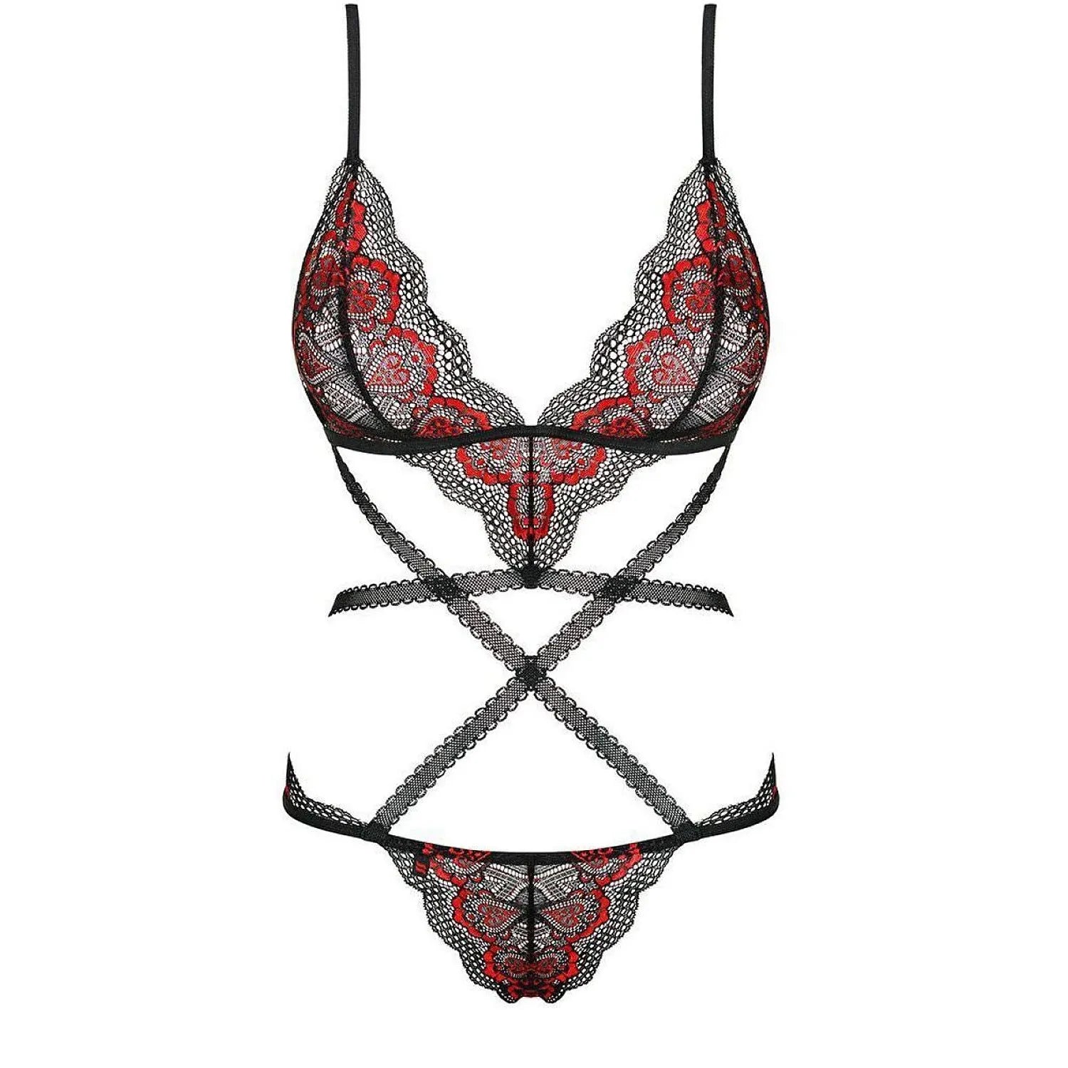 Body noir et rouge avec broderie florale, lanières élastiques croisées, design séduisant et confortable Obsessive Megies.