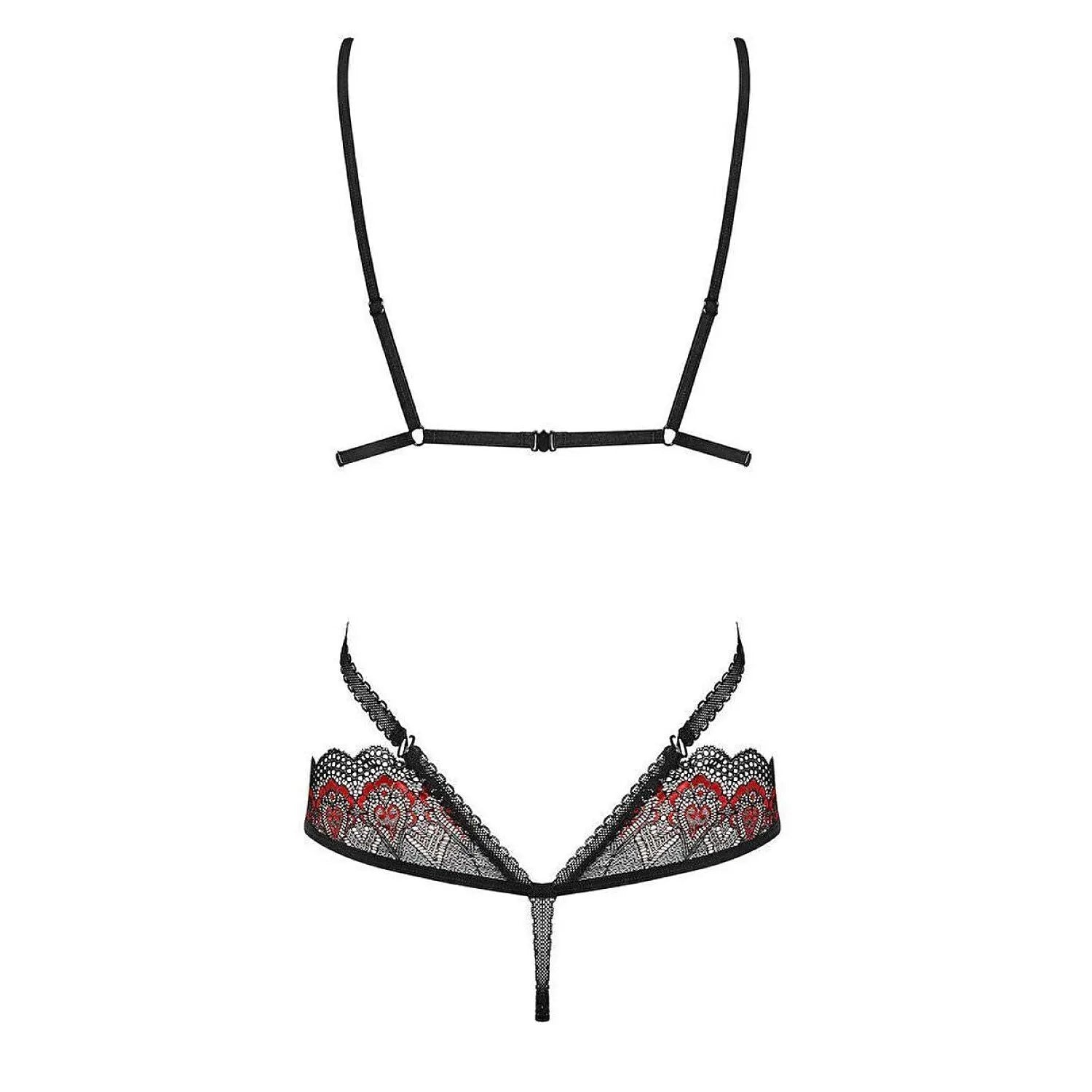 Body noir avec lanières élastiques et broderie rouge, design séduisant Obsessive Megies Teddy pour silhouette élégante.