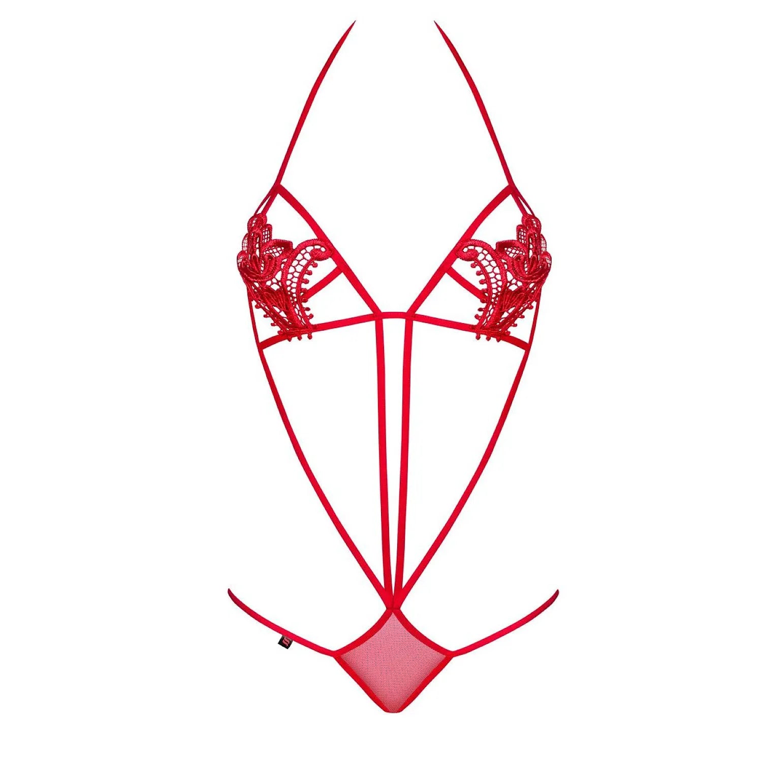 Body rouge élastique femme, applications florales, lanières ajustables, design sensuel et élégant, marque Obsessive.