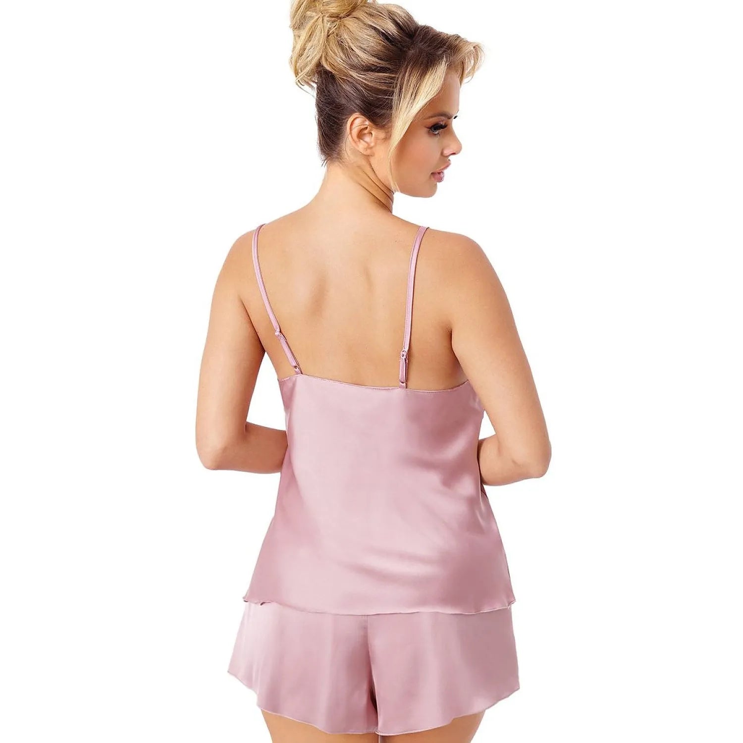 Combinaison satin rose femme, bretelles réglables, décolleté V, élégante et confortable, vue de dos.
