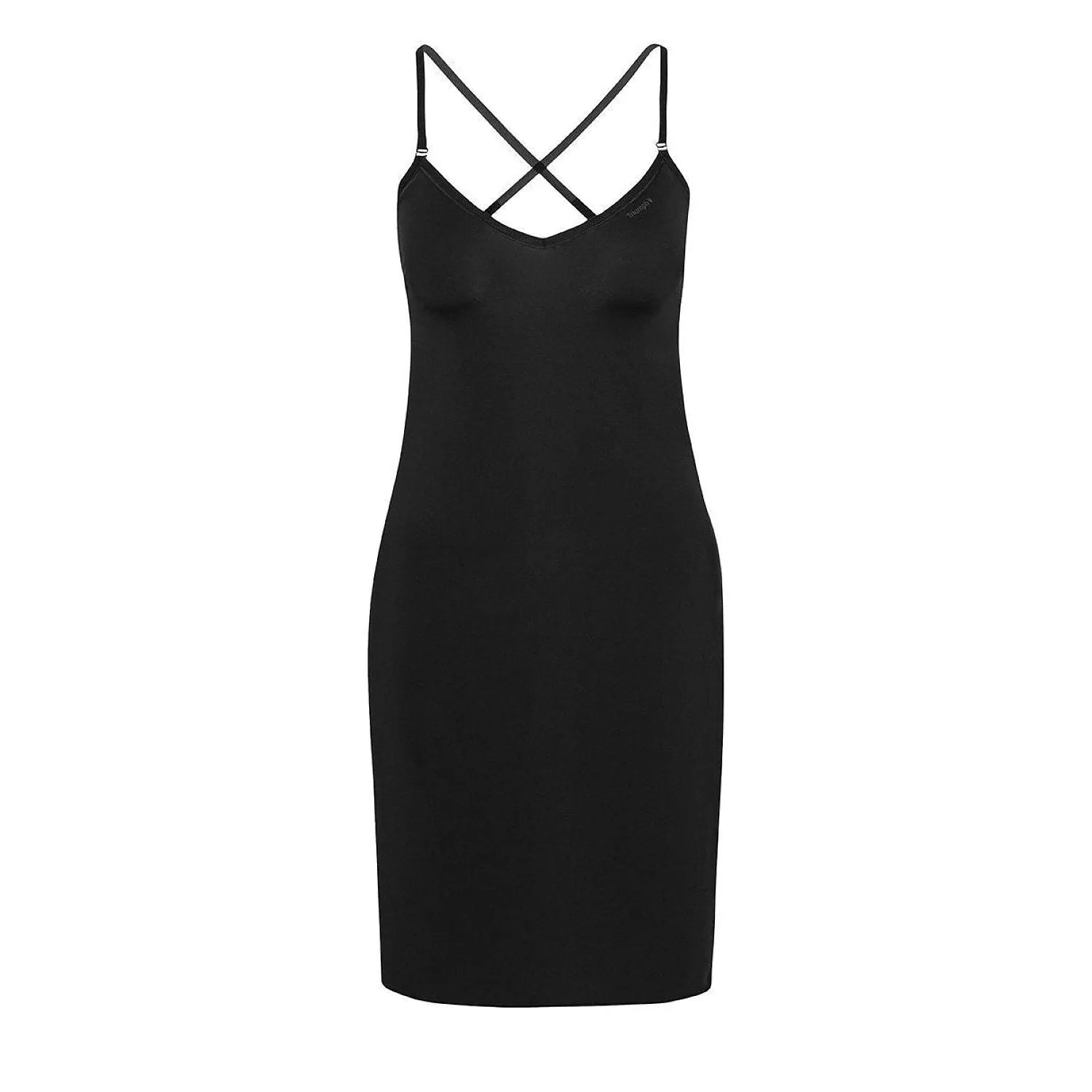 Chemise de nuit noire élégante, tissu léger antistatique, bretelles fines croisées, coupe ajustée sans couture.