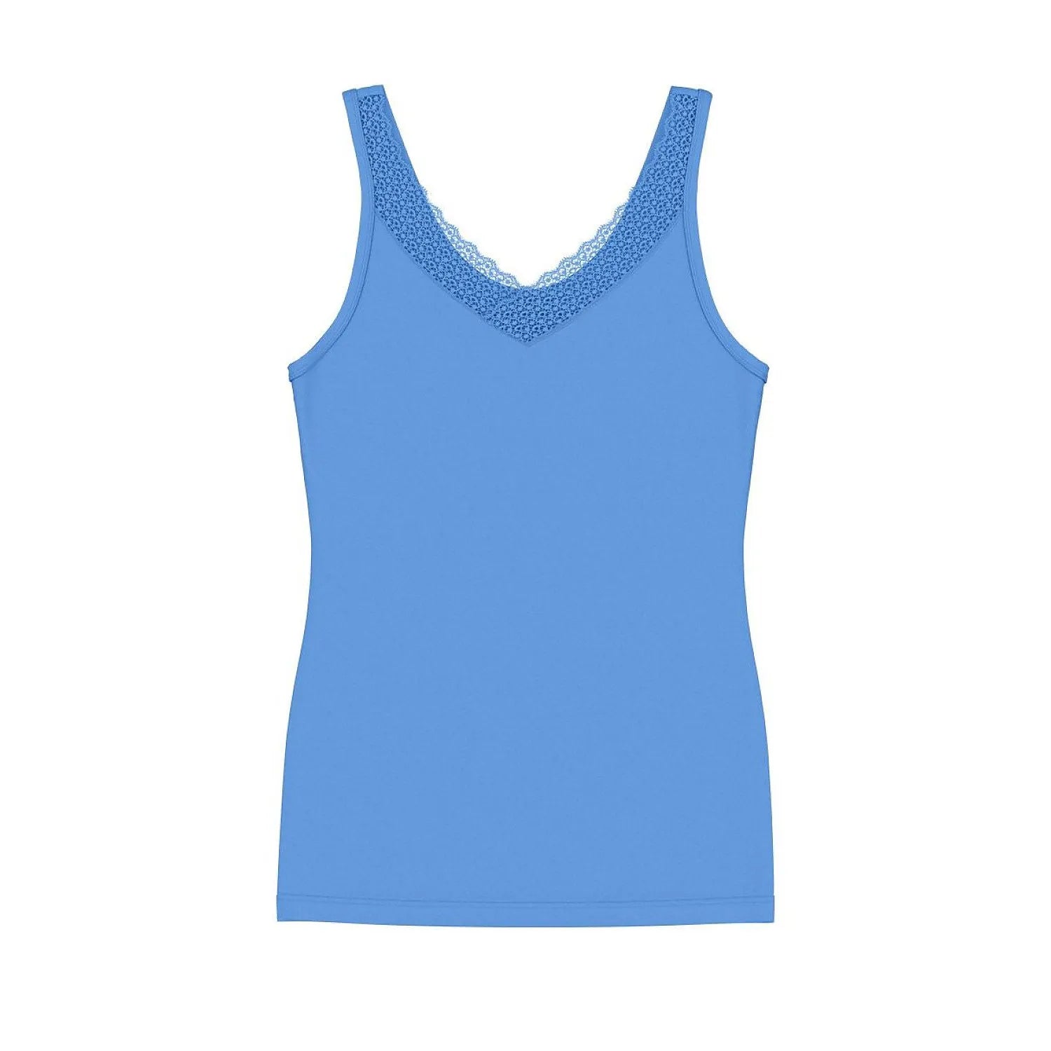 Débardeur bleu femme TENCEL Modal avec dentelle recyclée, élégant et écologique, coupe ajustée et col en V.