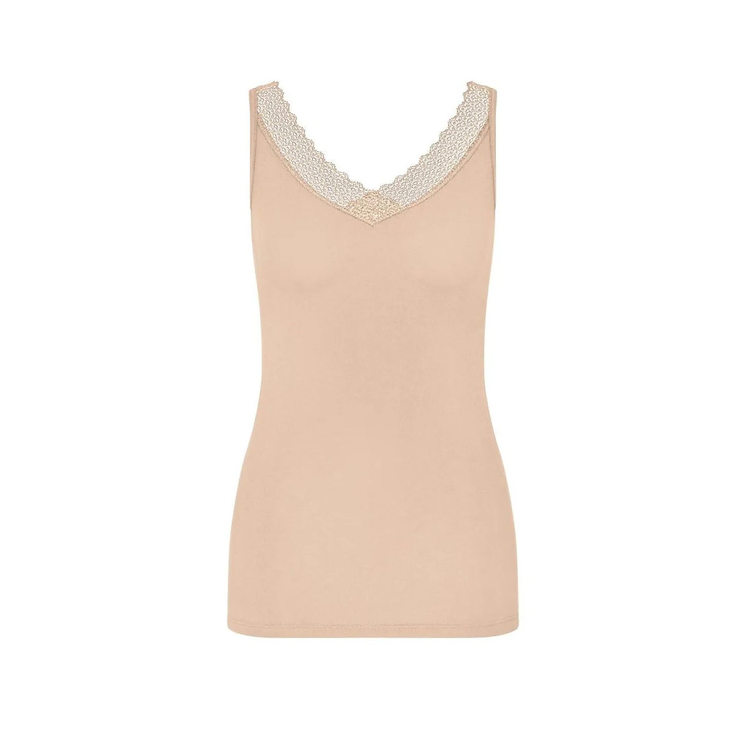 Débardeur beige femme en TENCEL Modal avec dentelle recyclée, coupe ajustée, col en V élégant.