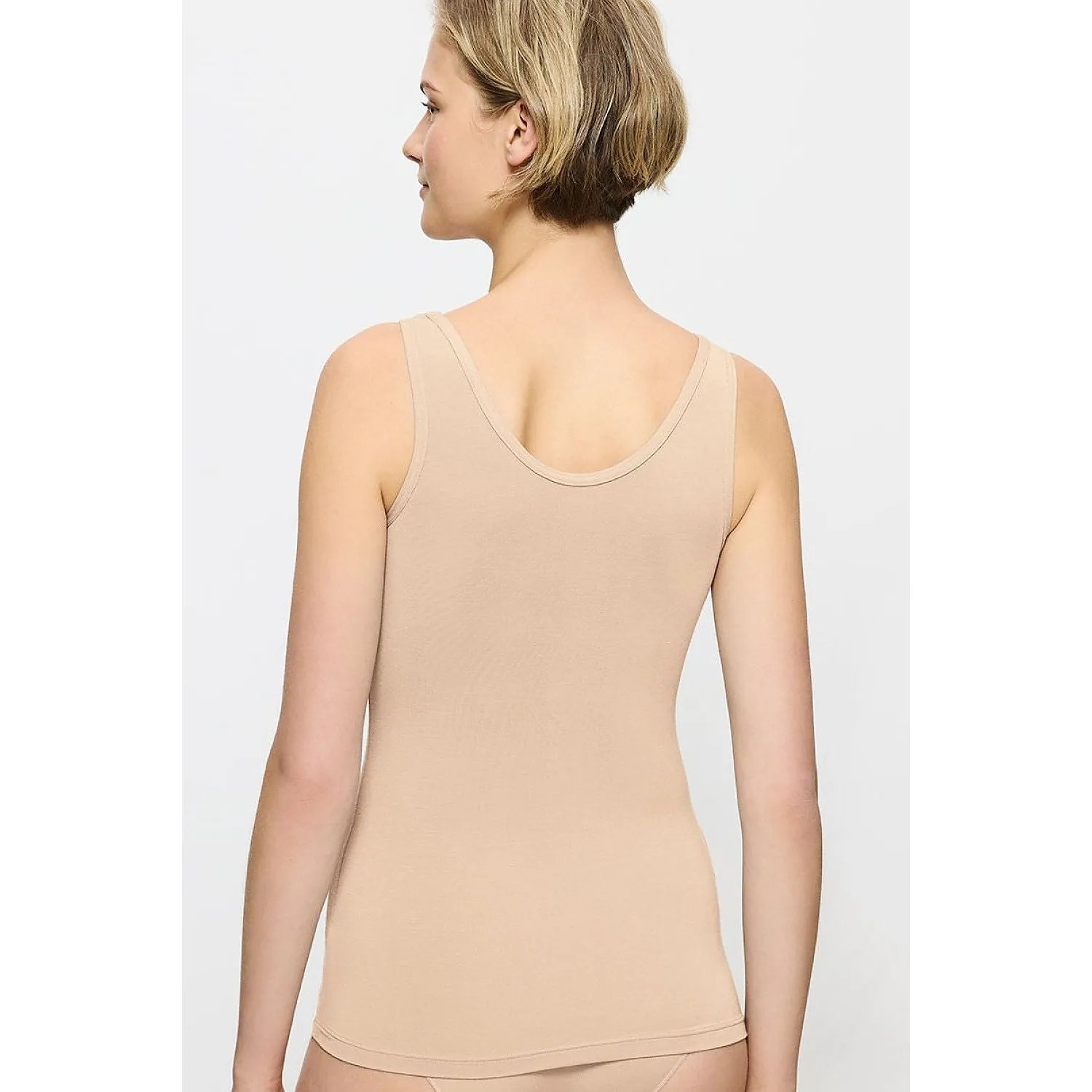 Débardeur beige femme TENCEL Modal, dentelle recyclée, coupe ajustée, dos visible, confort et élégance écologique.