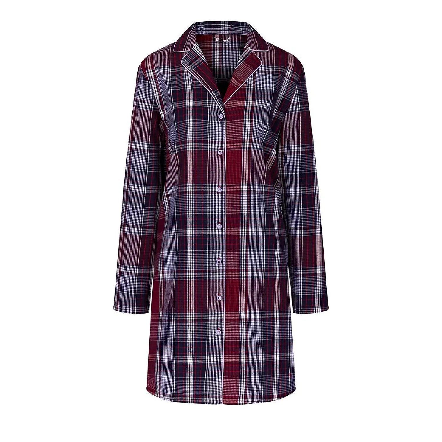 Chemise de nuit ample en coton bio, style classique, boutons contrastés, motif à carreaux rouges et bleus.