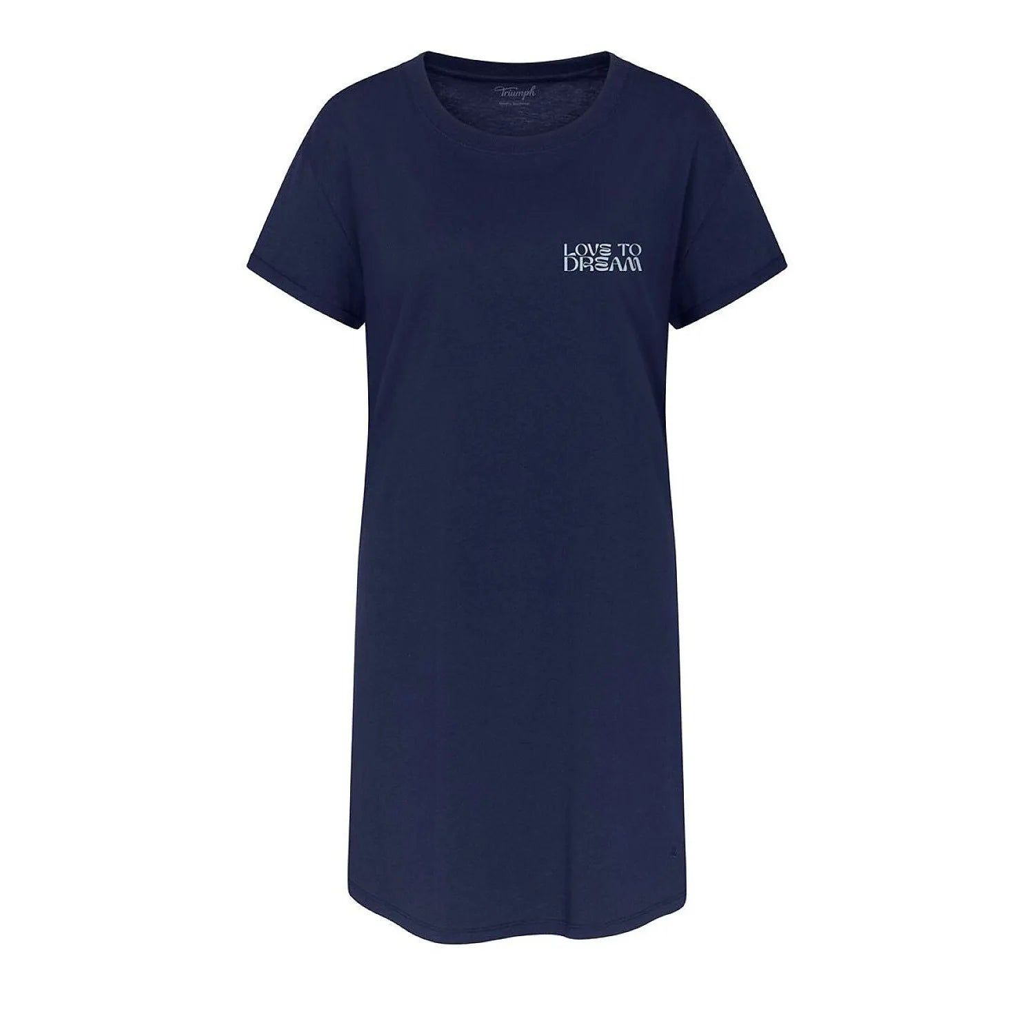 Chemise de nuit femme bleu marine manches courtes coton, coupe décontractée, inscription Love to Dream poitrine.