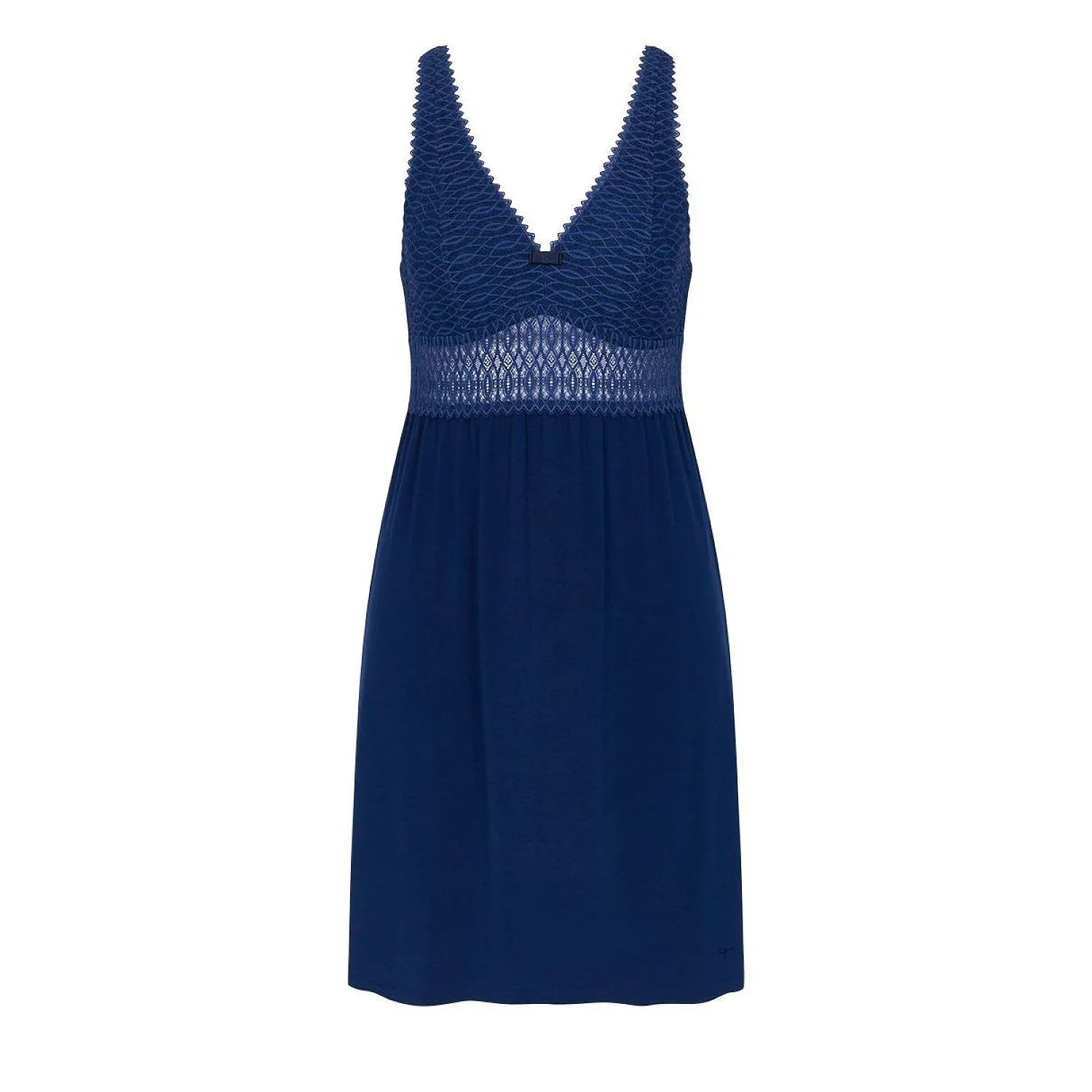 Chemise de nuit bleue élégante en TENCEL, coupe fluide, détails en dentelle, bretelles réglables, confort et style.