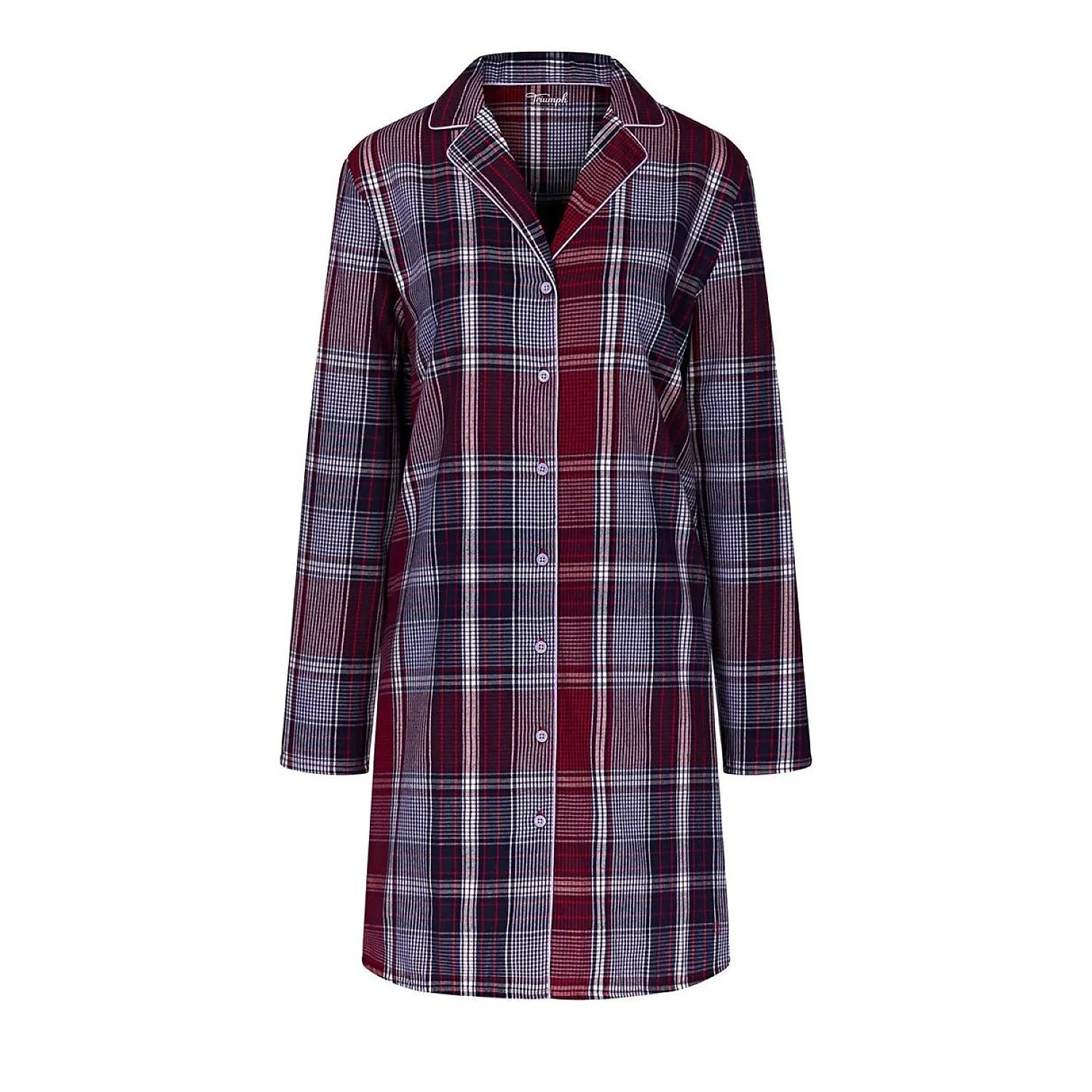 Chemise de nuit en coton bio à carreaux rouges et bleus, manches longues, style classique féminin, élégance et confort.