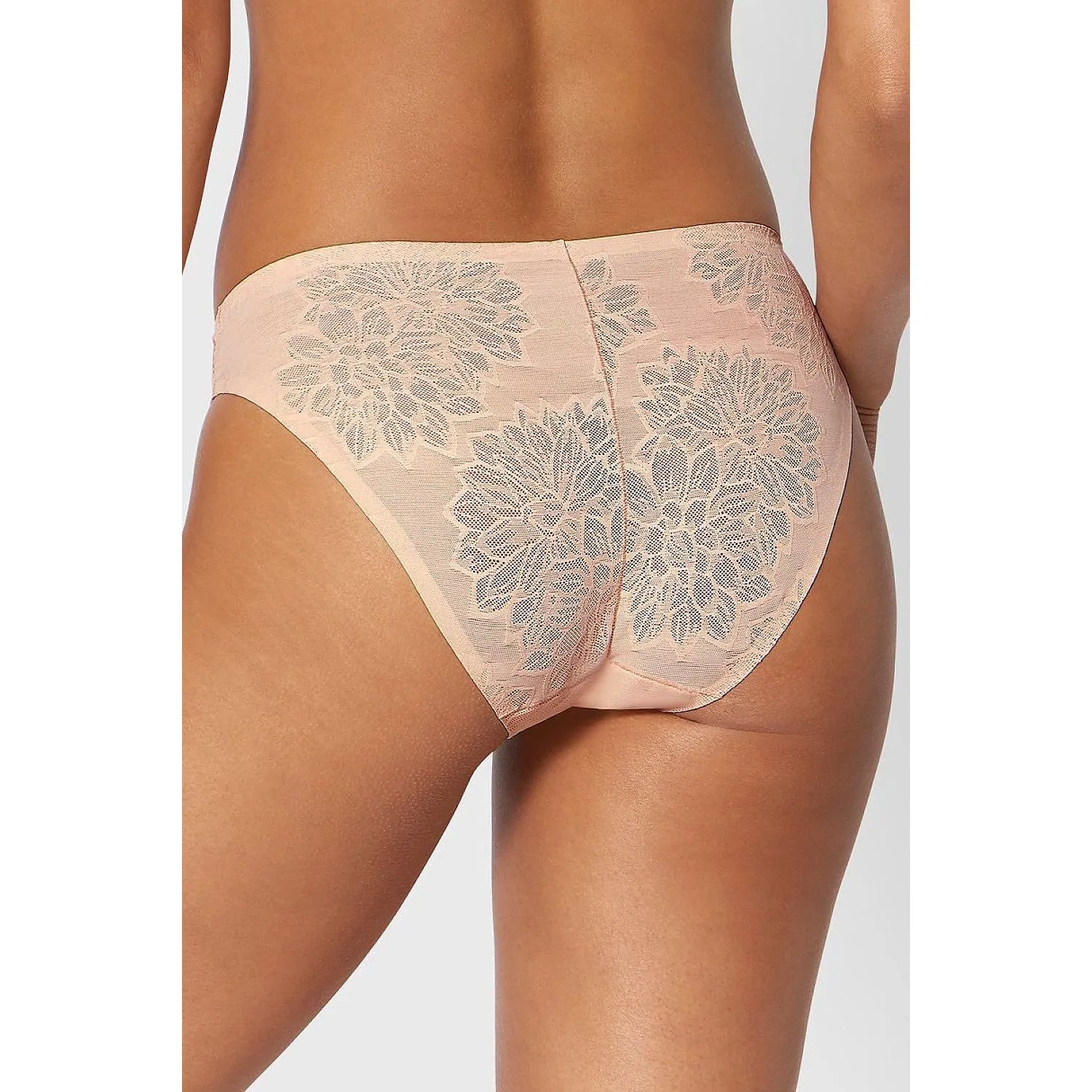 Culotte dentelle florale beige, sans couture, motif floral gris, élégante et confortable, invisible sous les vêtements.