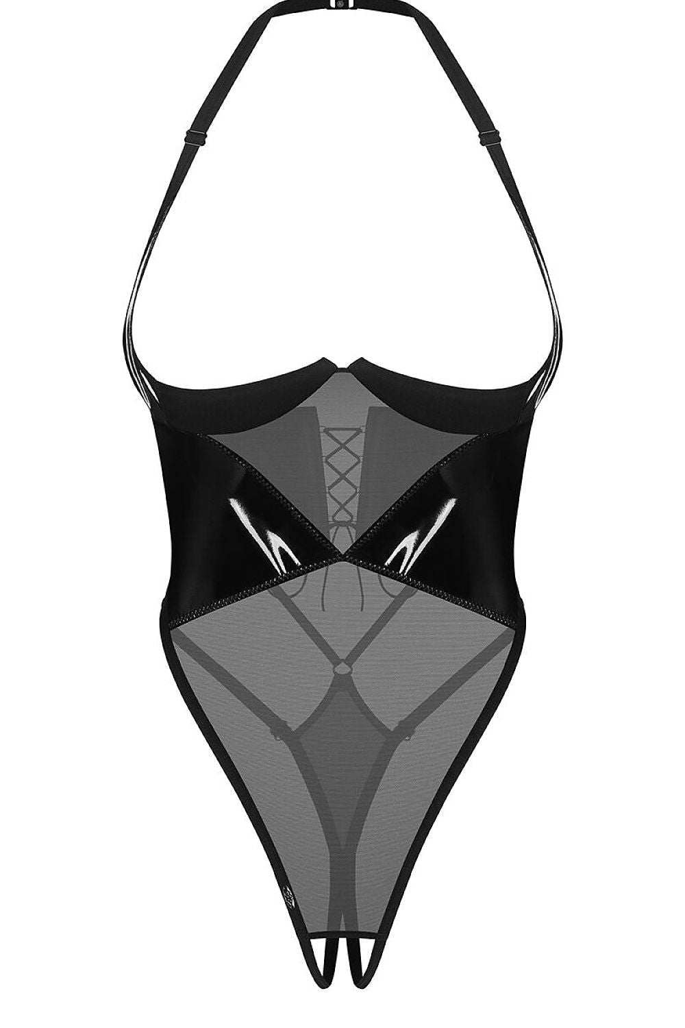 Body Rolleya en filet transparent et inserts brillants, bonnets ouverts avec armatures, style moderne et audacieux.