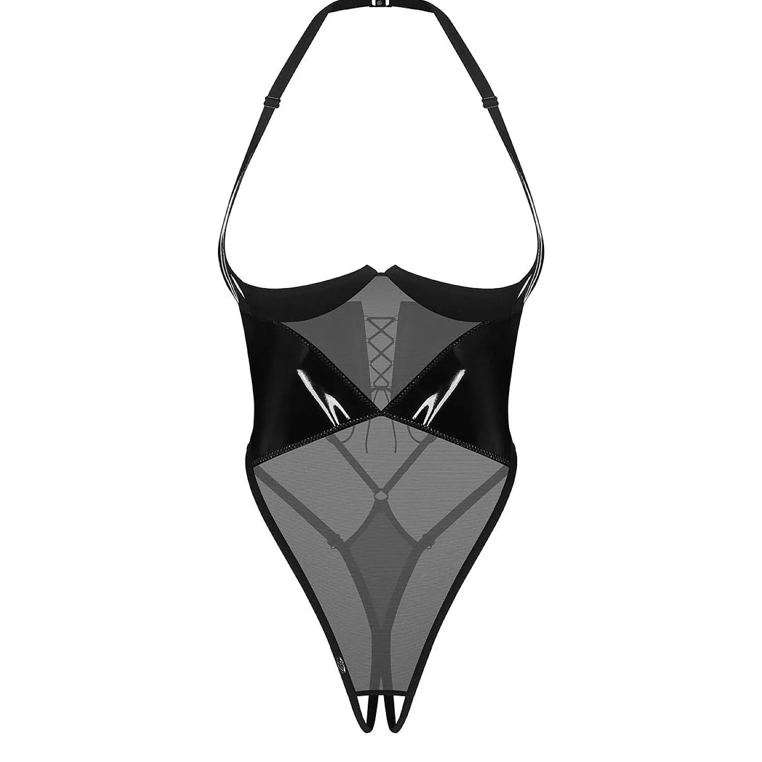 Body Rolleya en filet transparent et inserts brillants, bonnets ouverts avec armatures, style moderne et audacieux.