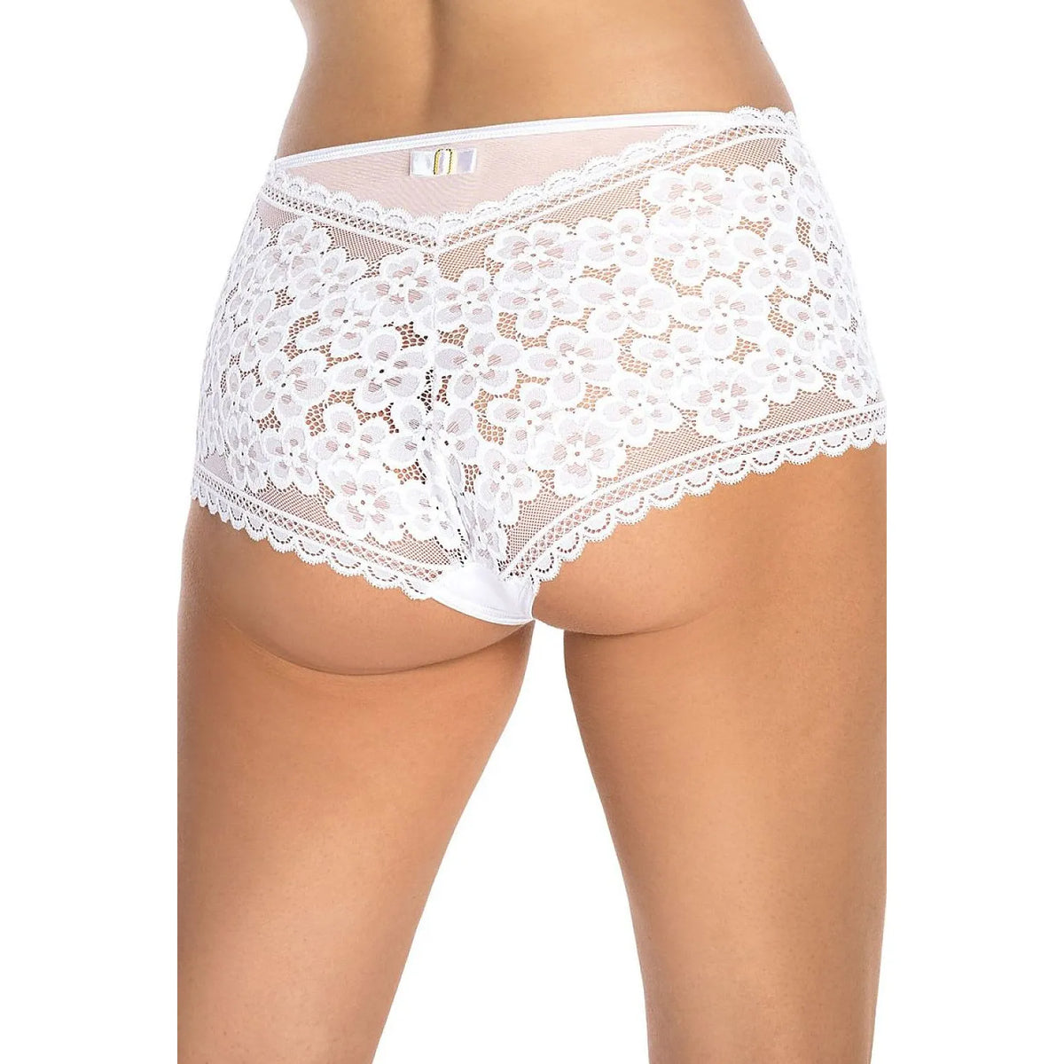 Culotte haute blanche en dentelle florale avec nœud décoratif arrière, coupe boxer élégante et féminine.