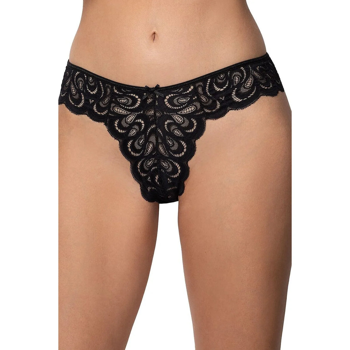 Culotte brésilienne noire en dentelle ajourée avec finitions ondulées et nœud à l'avant, style tanga au dos.