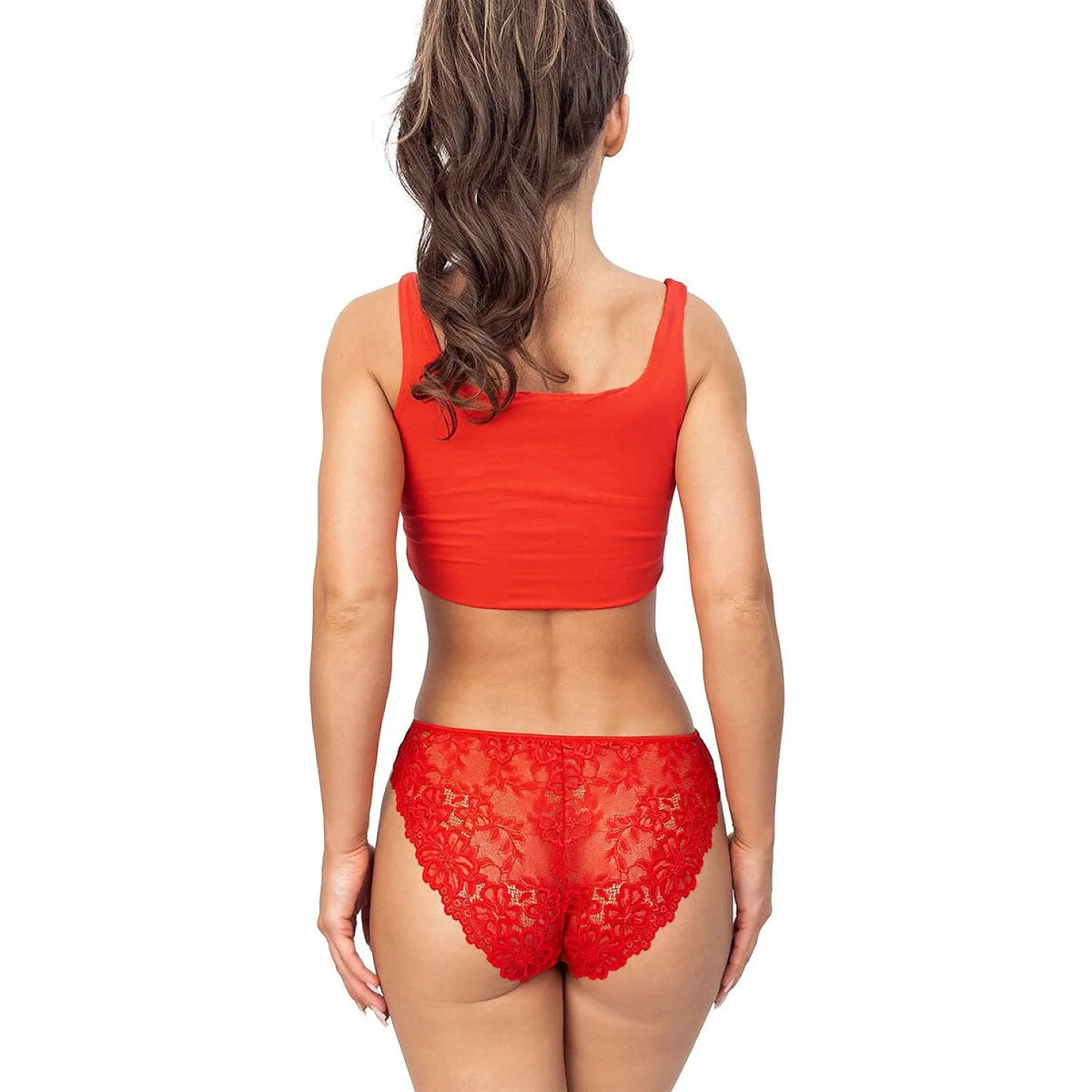 Culotte dentelle rouge élégante, ajustée, vue arrière, confort respirant, charme féminin, silhouette raffinée.