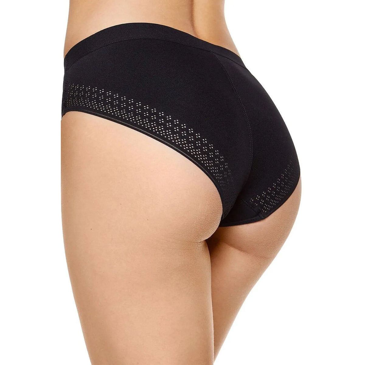 Culottes noires Gorteks en coton avec inserts ajourés, design féminin, confort et invisibilité sous les vêtements.