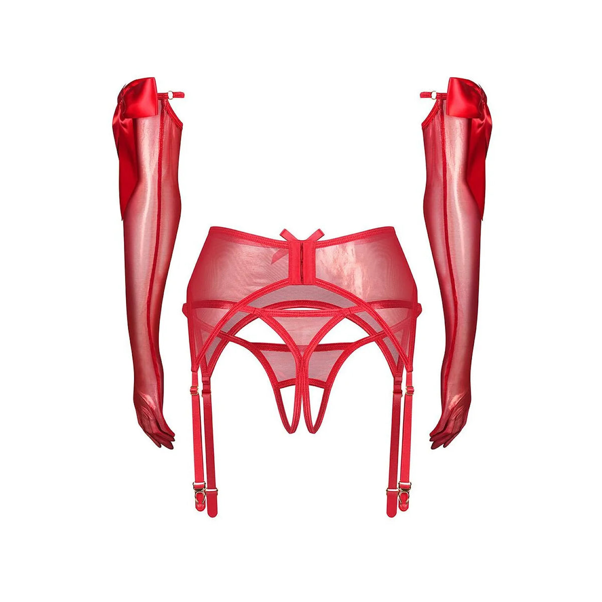 Ensemble lingerie rouge Obsessive avec porte-jarretelles transparent, string ouvert et longs gants brillants.