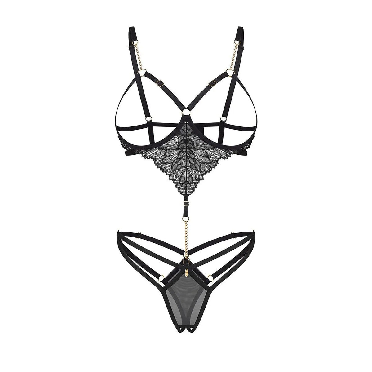 Body noir en dentelle avec armatures, chaîne bijoutée réglable, design élégant et sensuel pour femme moderne.