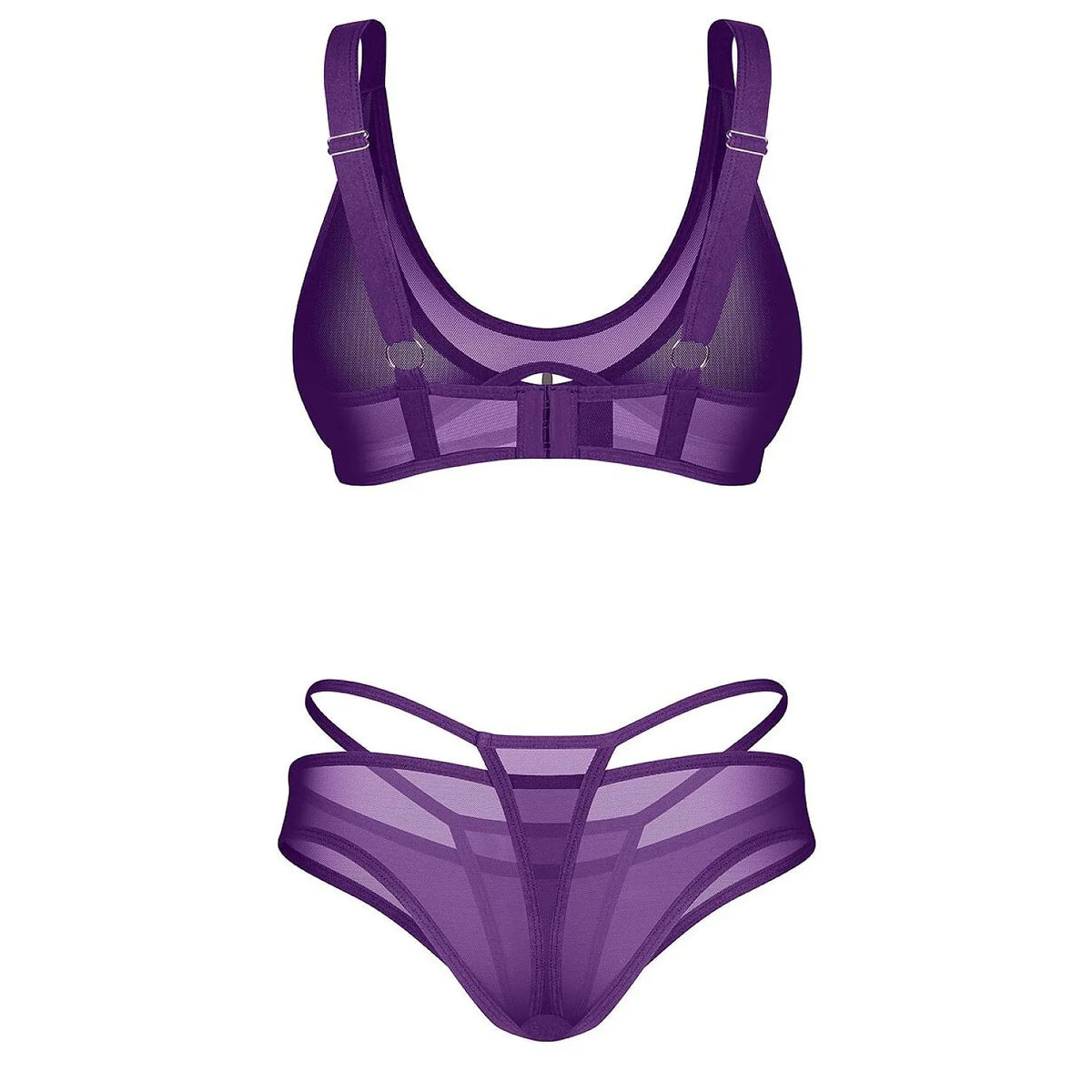 Ensemble lingerie violet intense, soutien-gorge sans armature et culottes en mesh transparent, bretelles réglables.