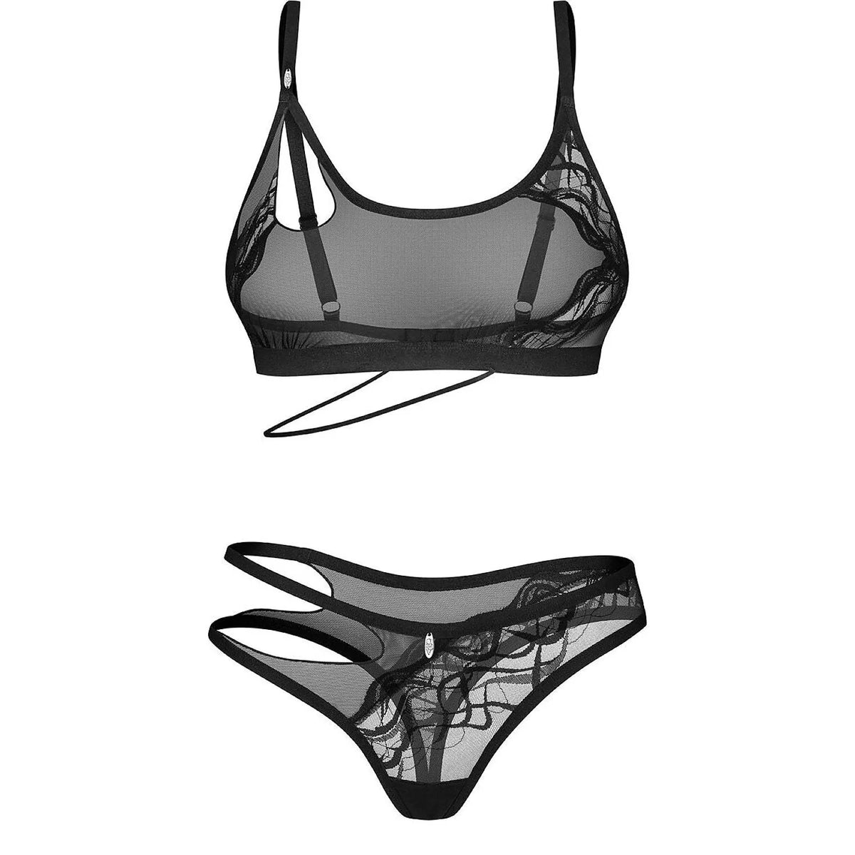 Ensemble lingerie noire Saturis, dentelle transparente, soutien-gorge sans armatures, strings asymétriques, design moderne.