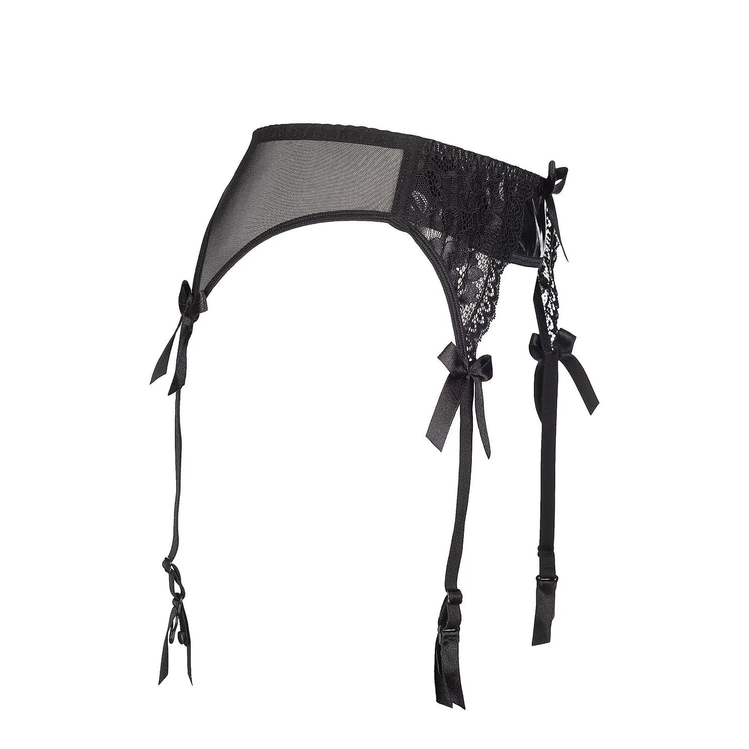 Ceinture porte-jarretelles noire Axami 51614 en tulle transparent, dentelle florale, nœuds satinés, élégance et séduction.