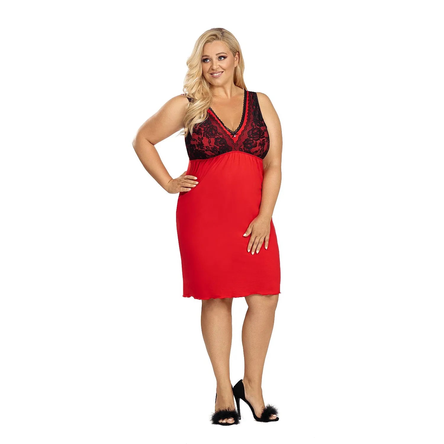 Chemise de nuit grande taille rouge dentelle noire féminine sensuelle Donna